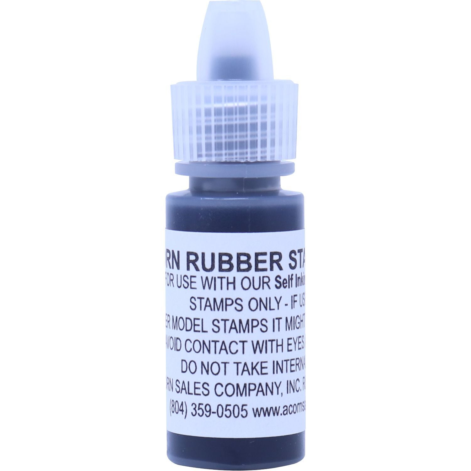 Rubber stamp ink bottle with precision tip applicator on white background.