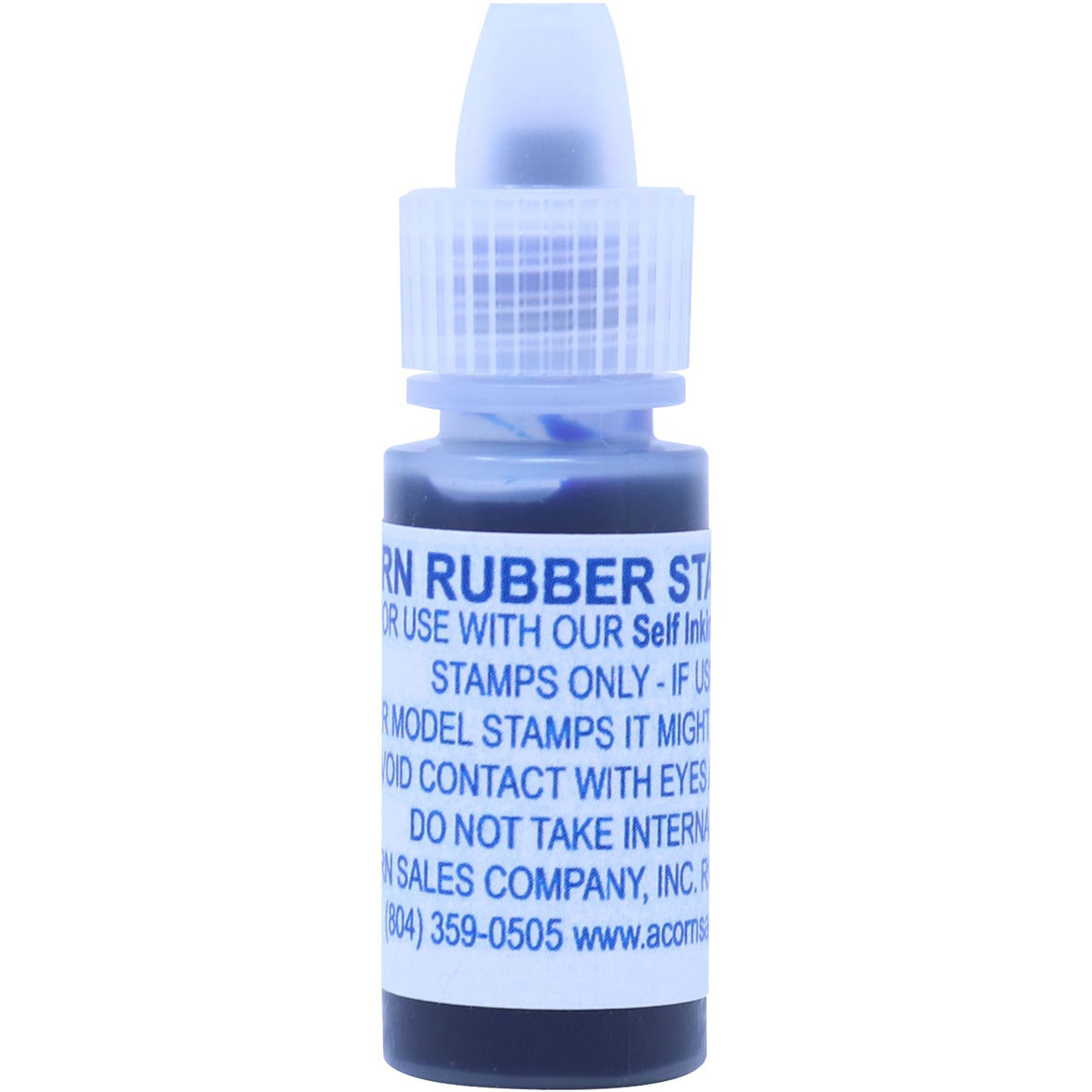 Blue rubber stamp ink refill bottle for self-inking stamps on white background