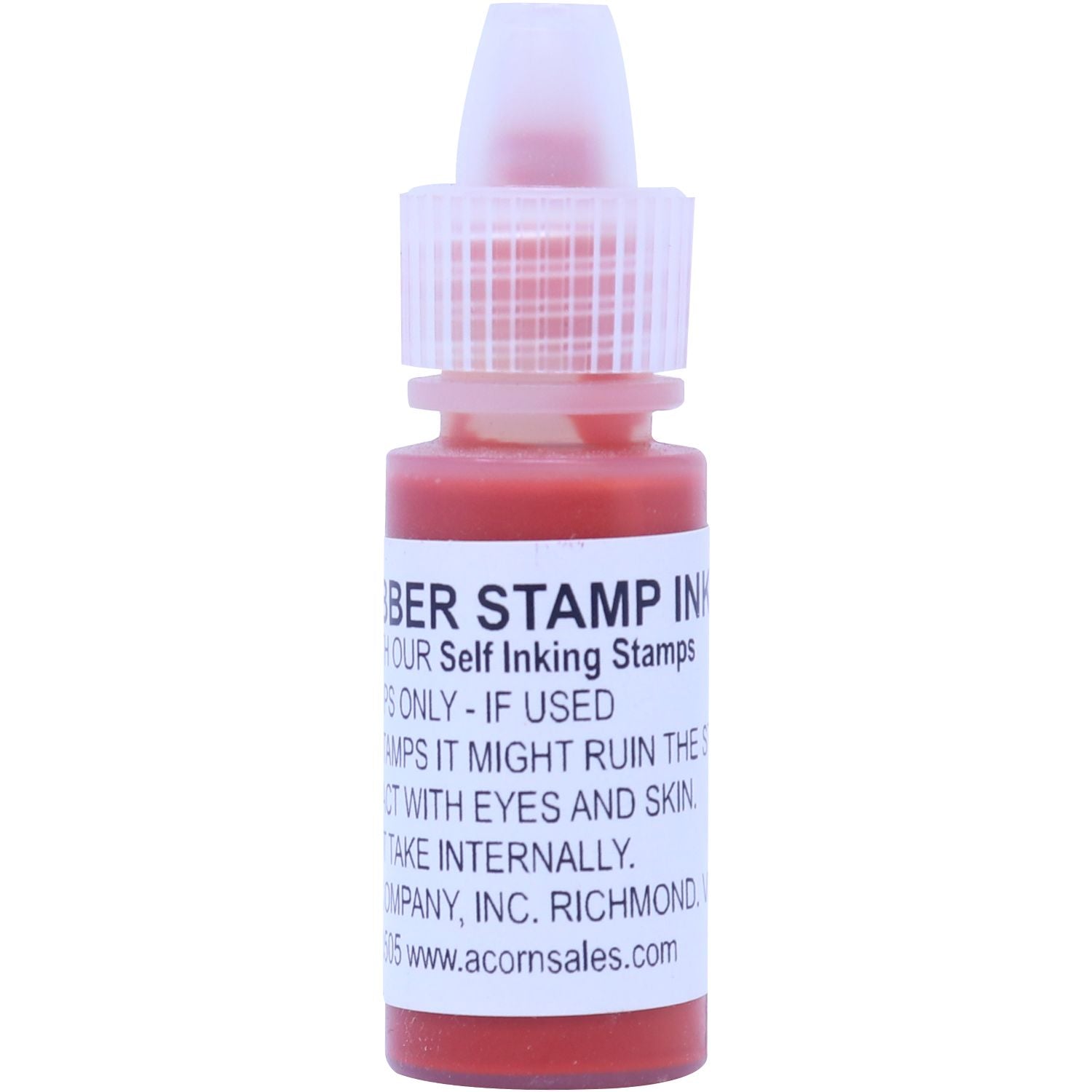 Red rubber stamp ink bottle with dropper cap, isolated on white background for self-inking stamps.