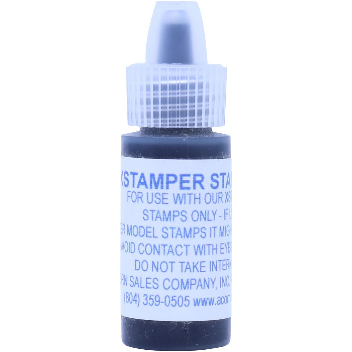 Blue stamp ink bottle with dropper cap, isolated on white background.