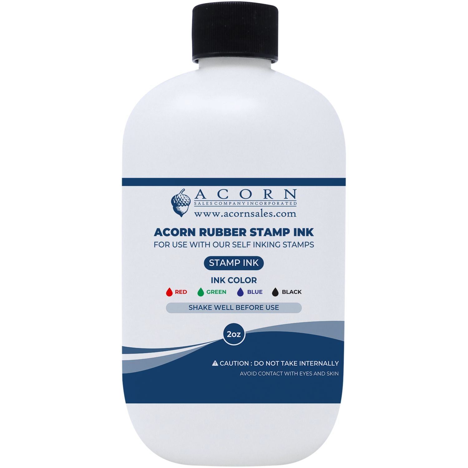 Acorn 2oz rubber stamp ink bottle with black cap, available in red, green, blue, and black for self-inking stamps.