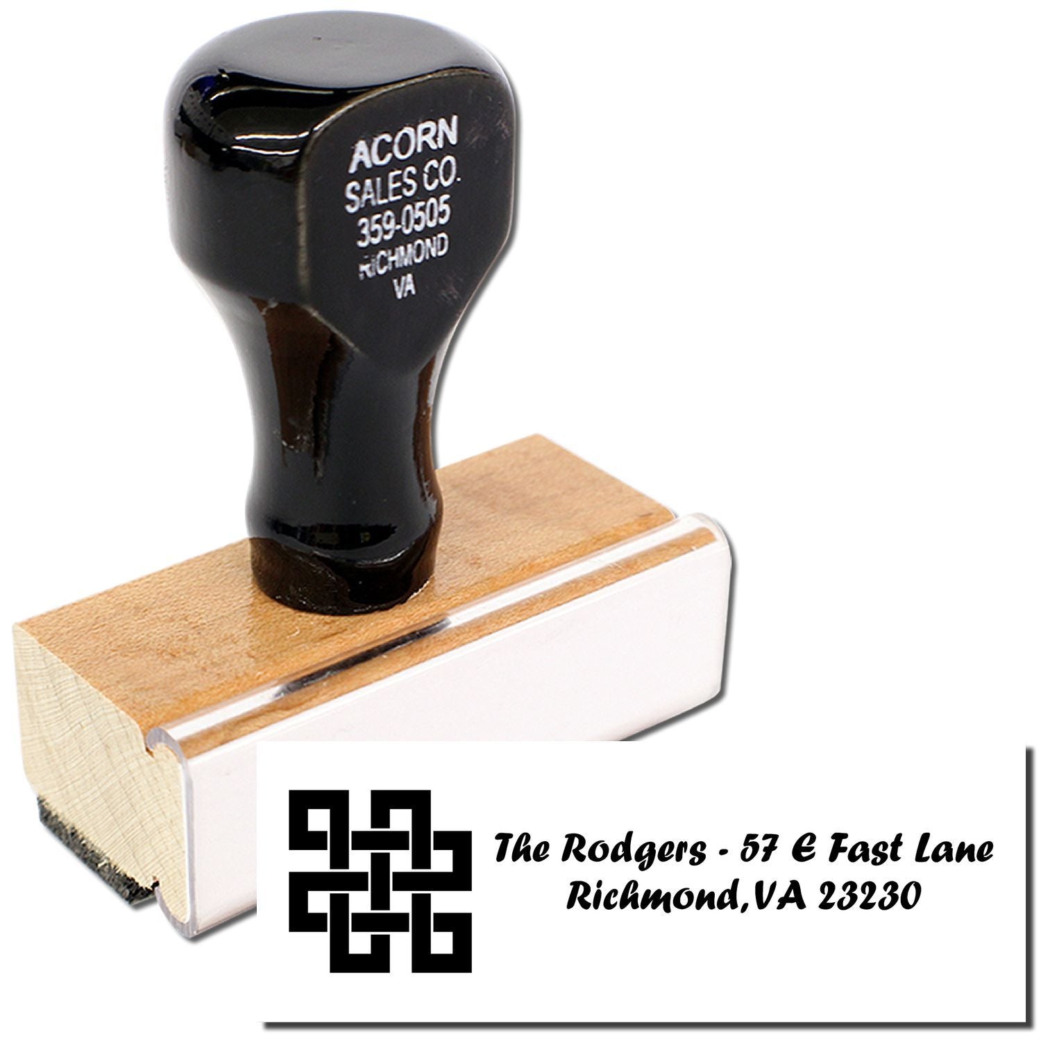 Custom wooden rubber address stamp with logo, family name, and Richmond, VA return address