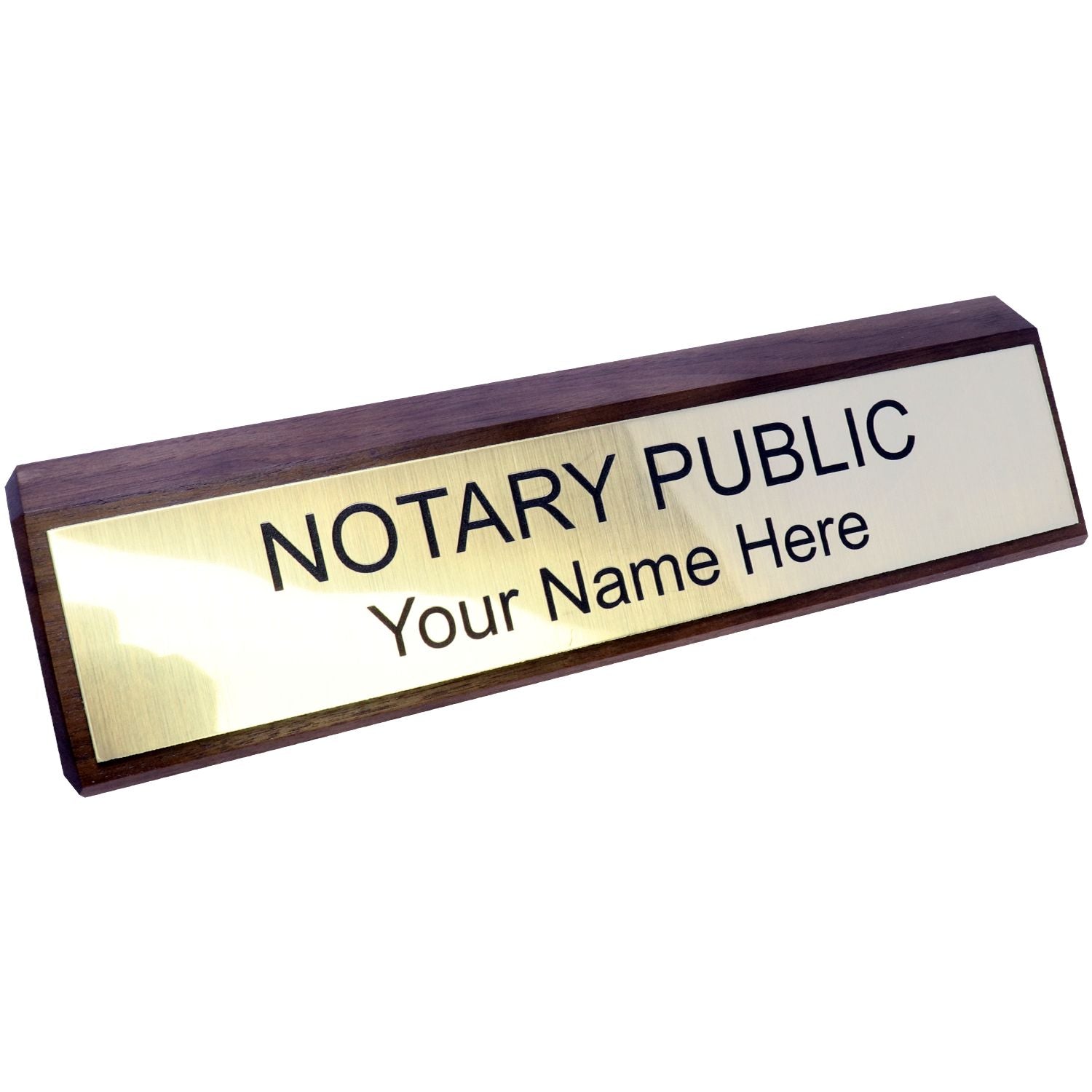 Notary public name plaque sign with custom engraved desk holder on wood and brass finish