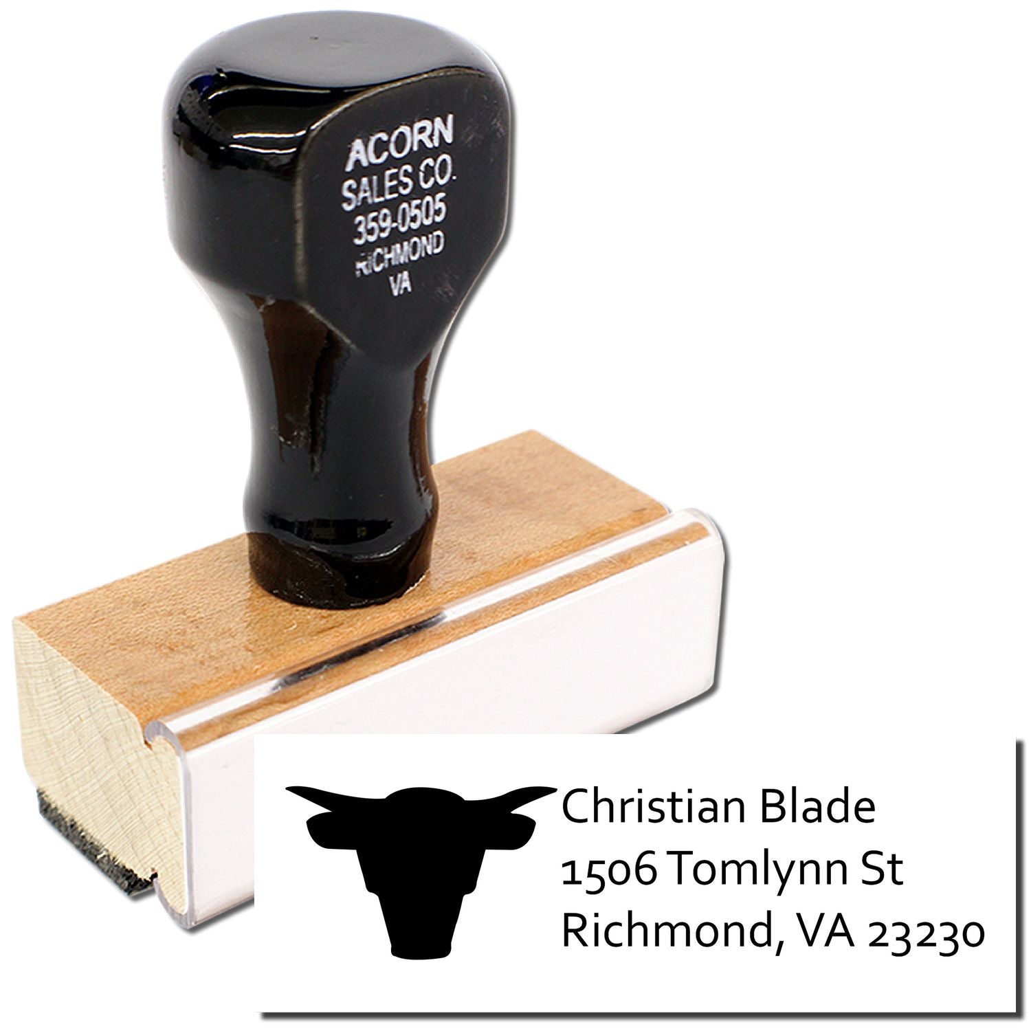 Custom wood rubber address stamp with Christian Blade name, cattle logo, and Richmond, VA address.