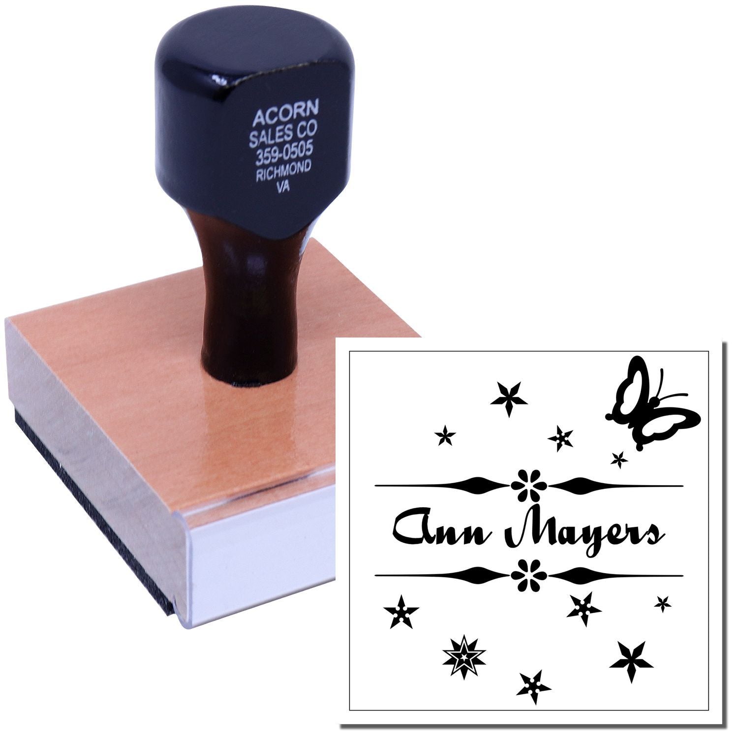 Personalized wooden rubber stamp with Ann Mayers design, butterflies and stars for custom stationery, crafts, and wedding favors.