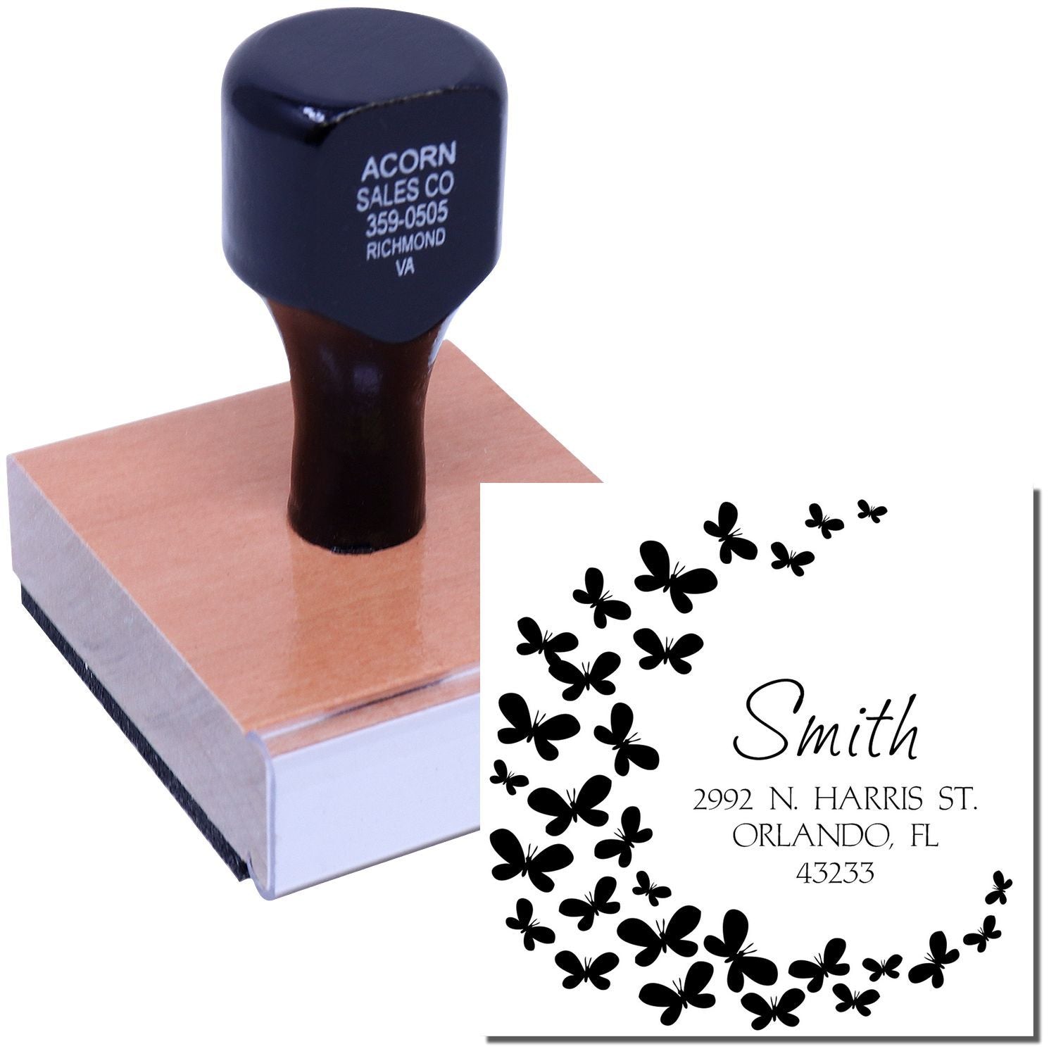 Custom rubber address stamp with butterfly design for personalized return address and mailing.