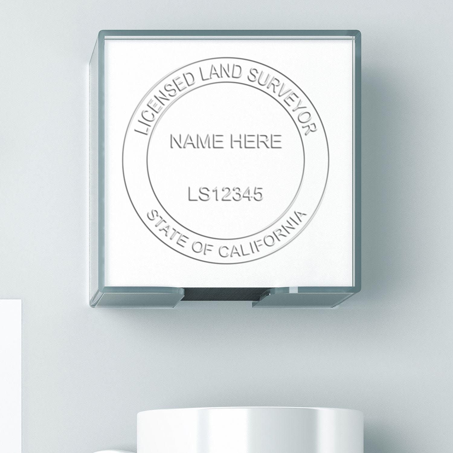 Custom Licensed Land Surveyor State of California wall plaque with embossed seal, name, and license number LS12345.