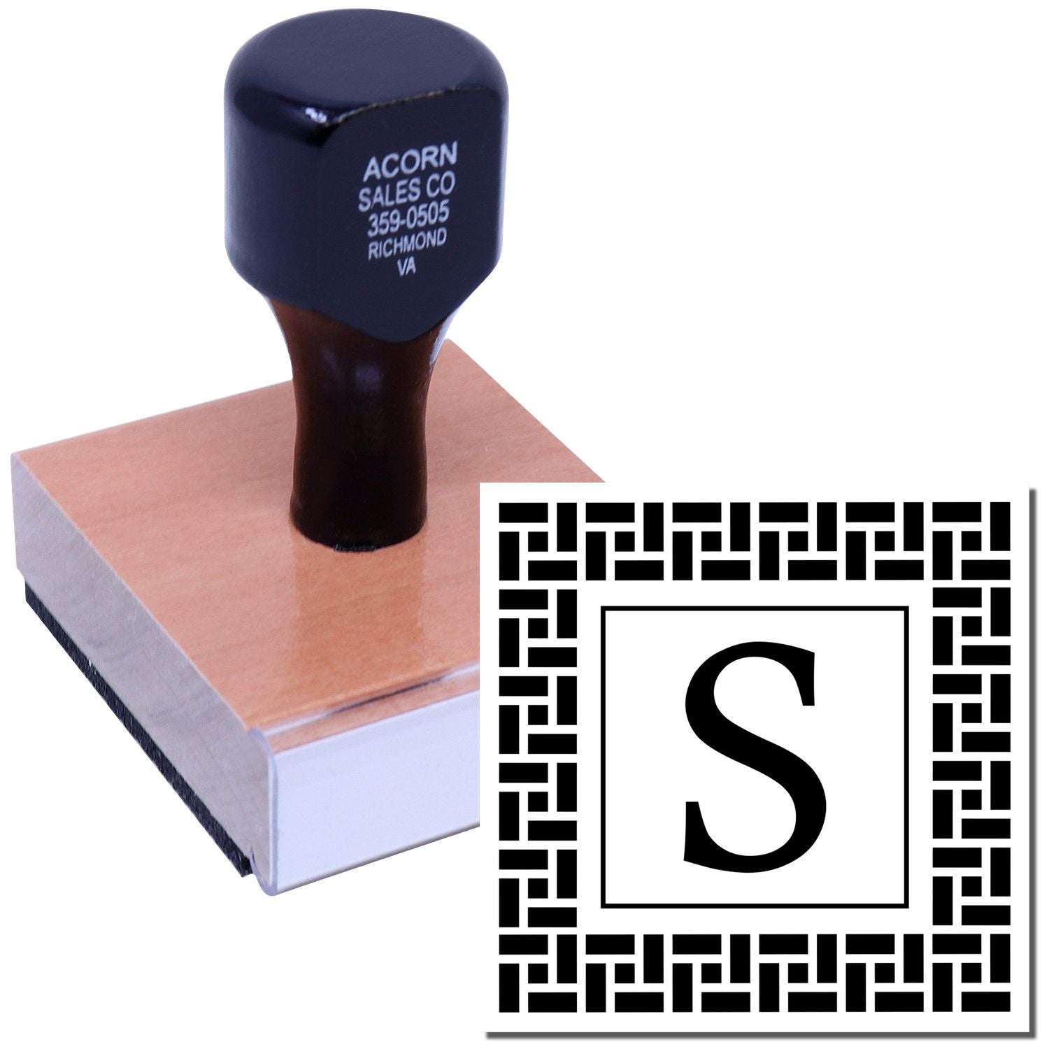 Custom monogram rubber stamp with decorative S design for branding stationery, envelopes, and packaging.