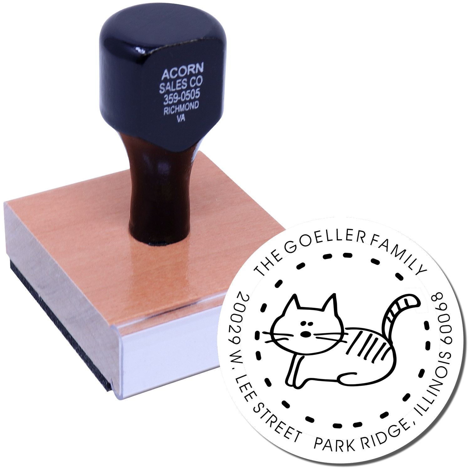 Custom rubber stamp with cat family return address design for mailing envelopes and cards.