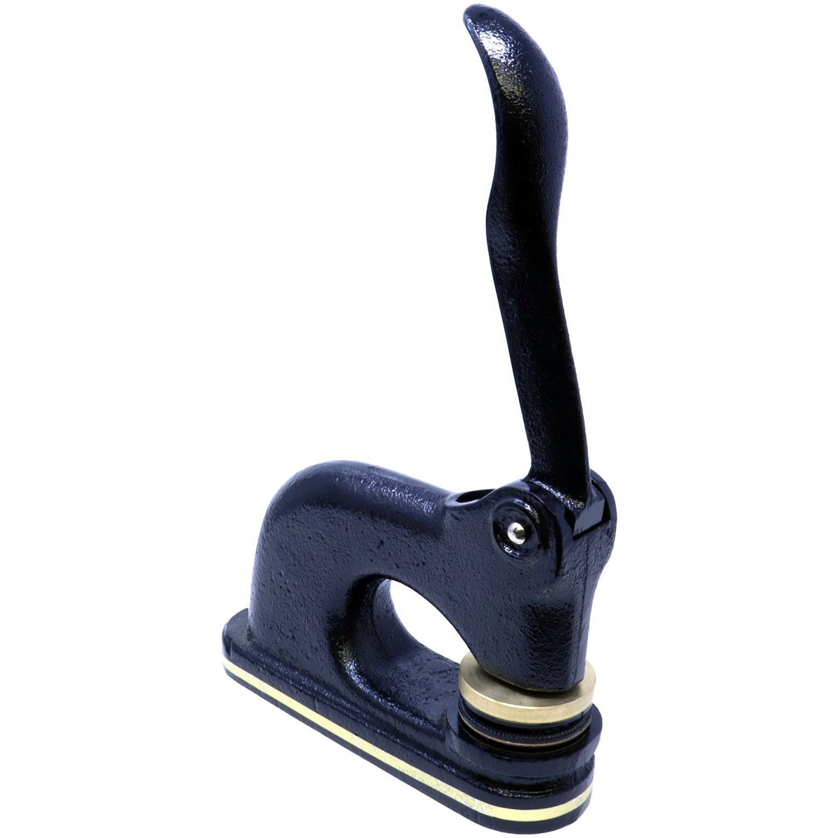 Black cast iron manual bottle capper with long lever handle on white background