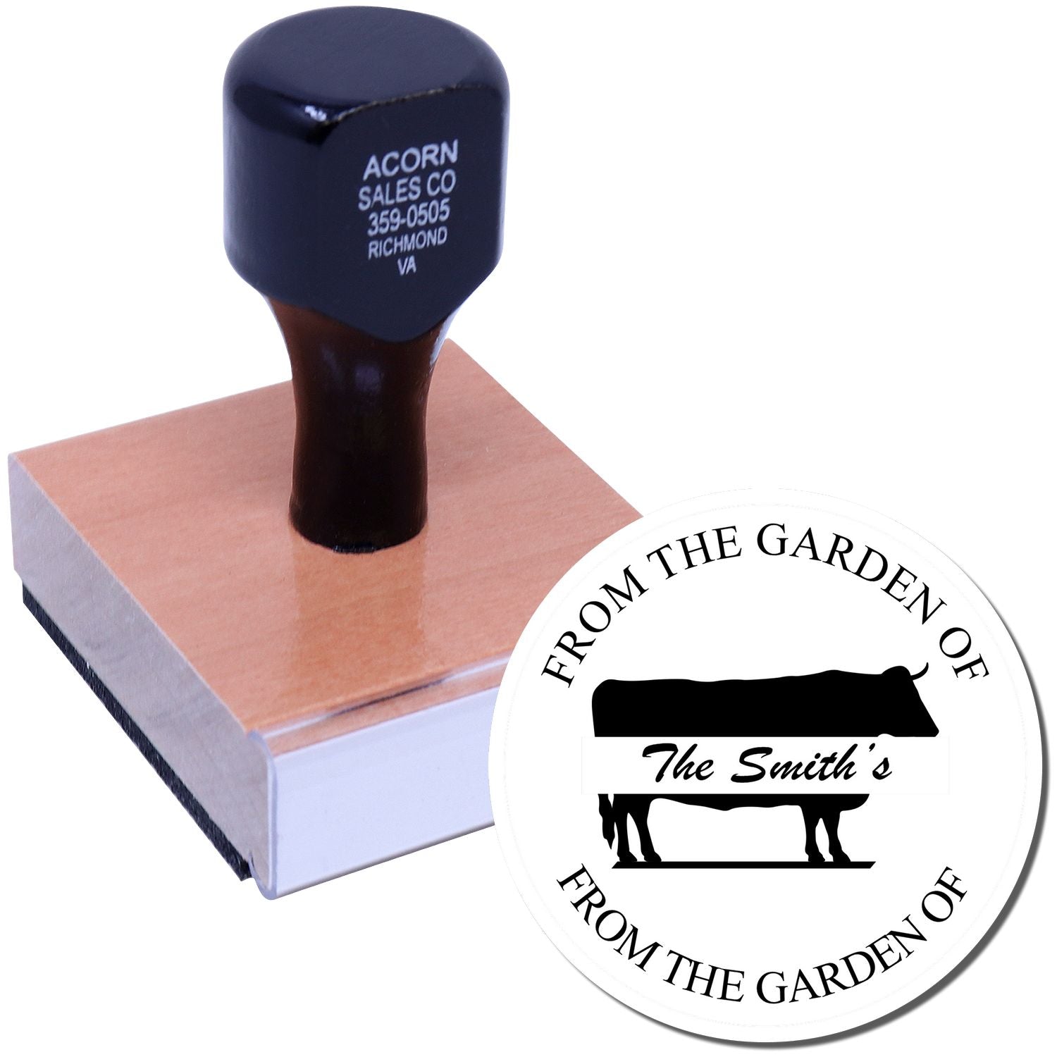 Custom rubber stamp with personalized farm logo and return address imprint for business branding.
