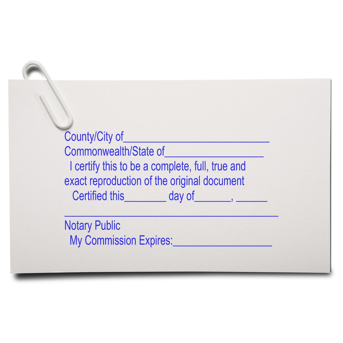 Notary public certified copy form with paperclip on white document, legal document verification template