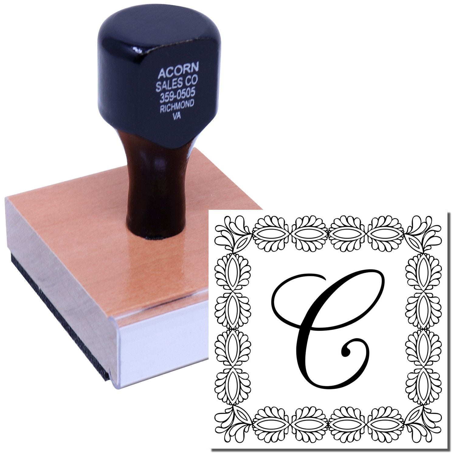 Custom initial C rubber stamp with decorative floral border for personalized stationery, invitations, and packaging.