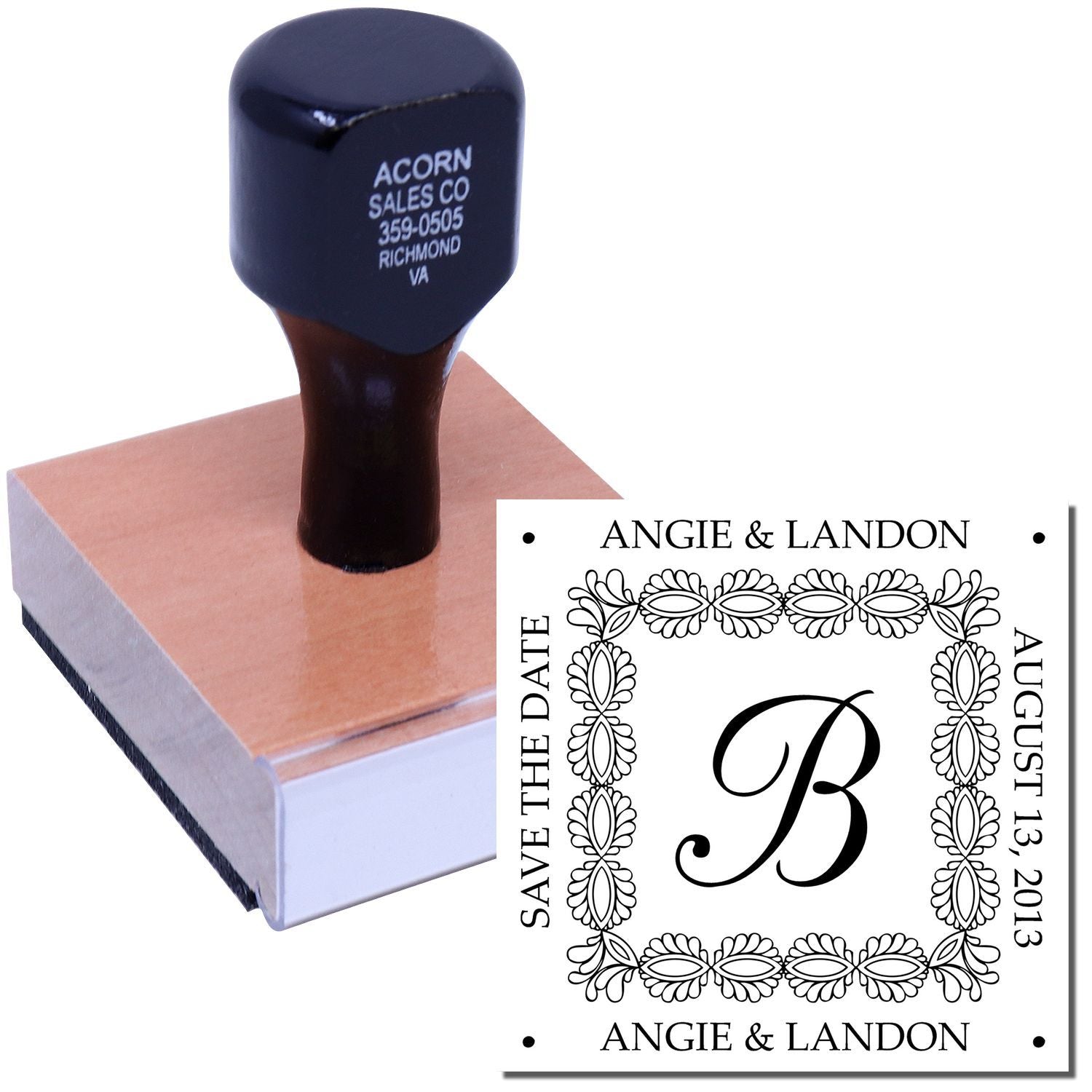 Custom rubber stamp with wedding monogram design for save-the-date cards, invitations, and personalized stationery.