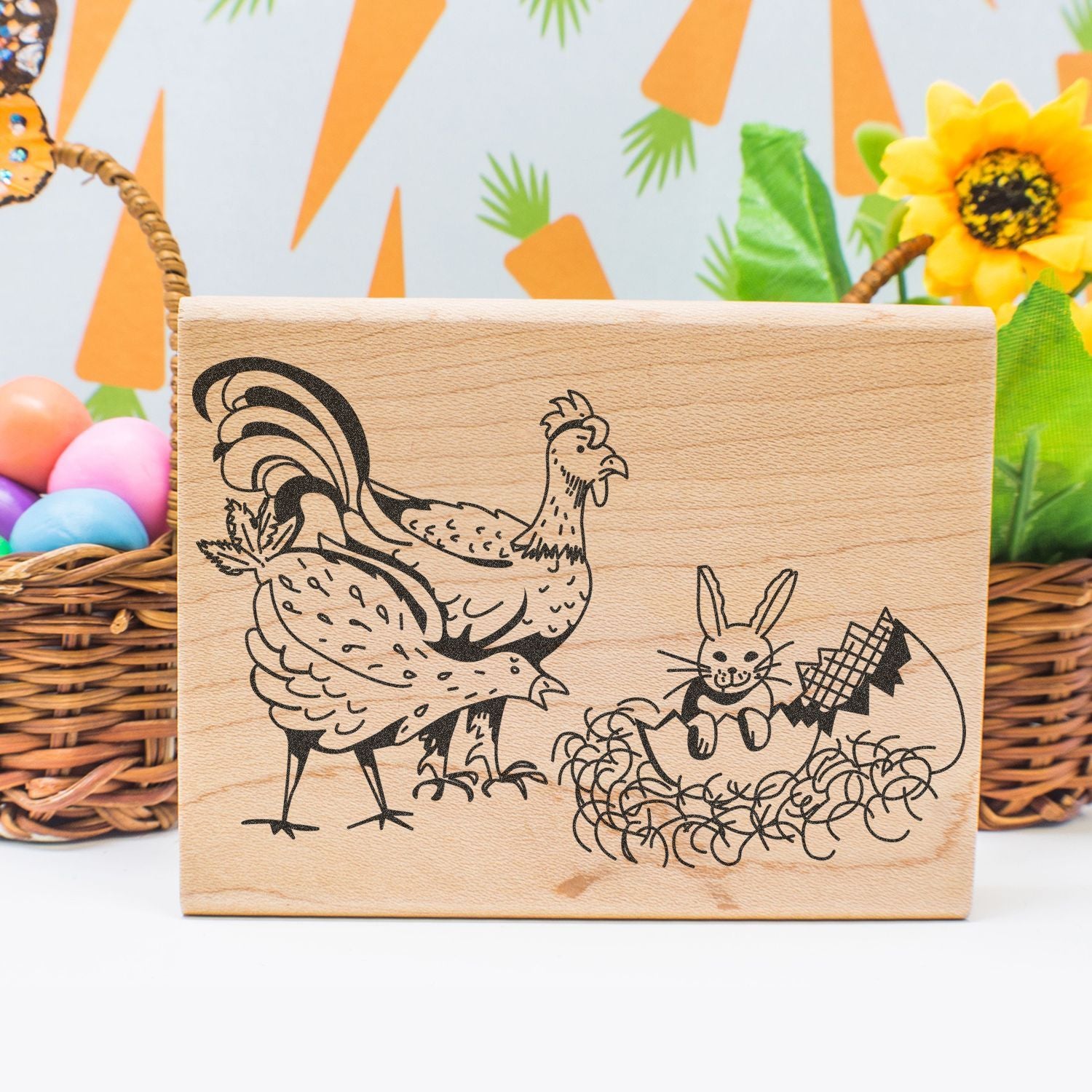 Easter-themed wooden stamp with a rooster, bunny in a basket, and colorful spring decorations.