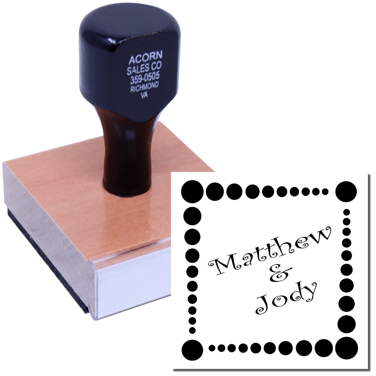 Custom wedding rubber stamp with wood handle and Matthew & Jody decorative sample impression.