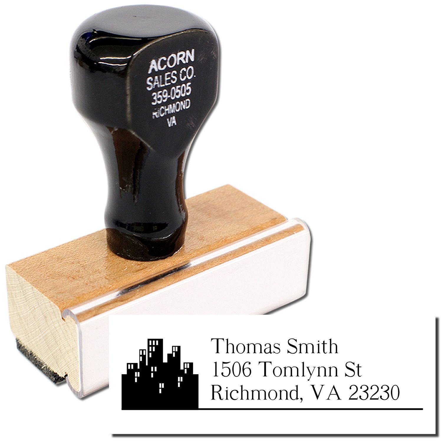 Custom rubber stamp with return address imprint for business mailing and personal correspondence.