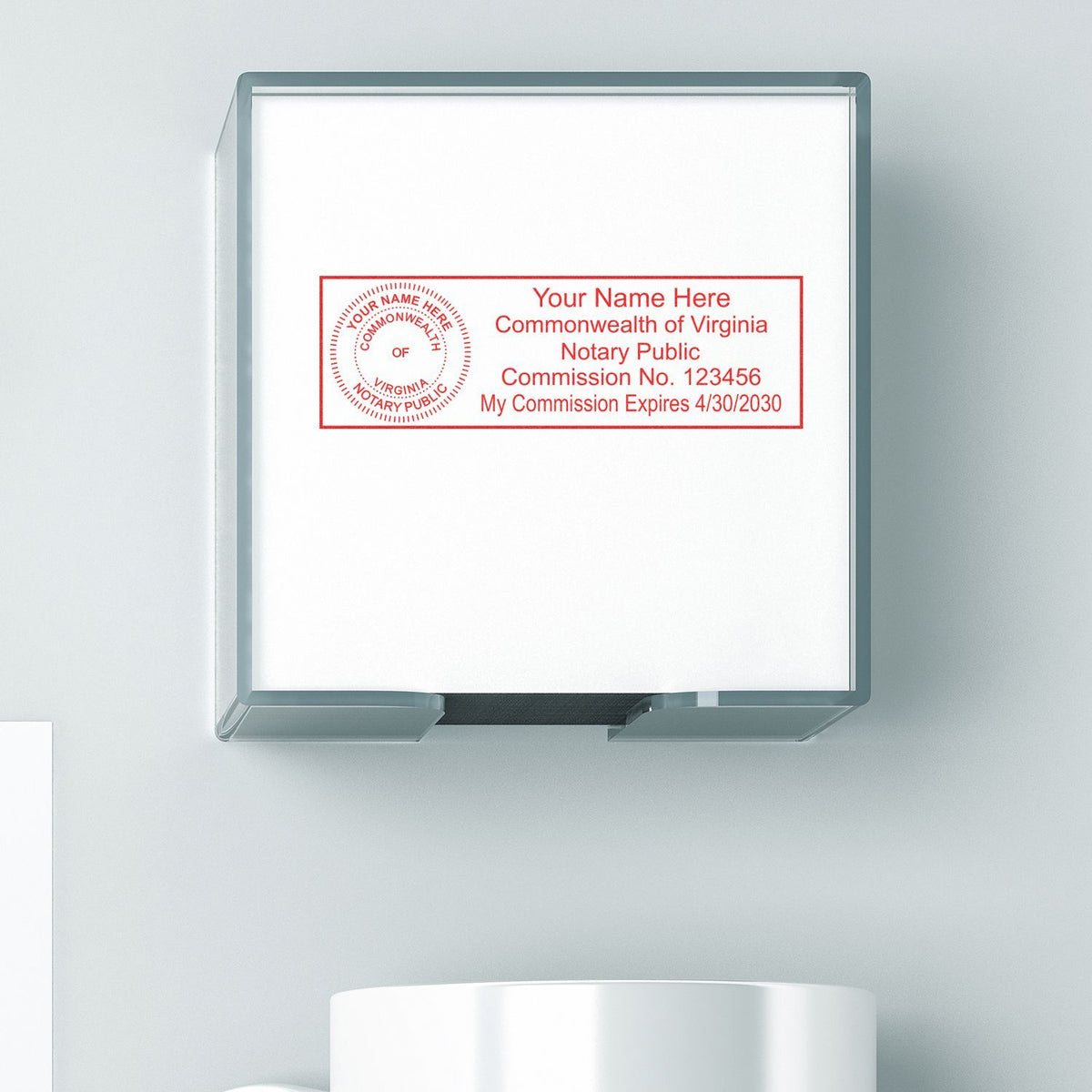 Virginia notary public seal stamp with custom name, commission number, and expiration date on a white background