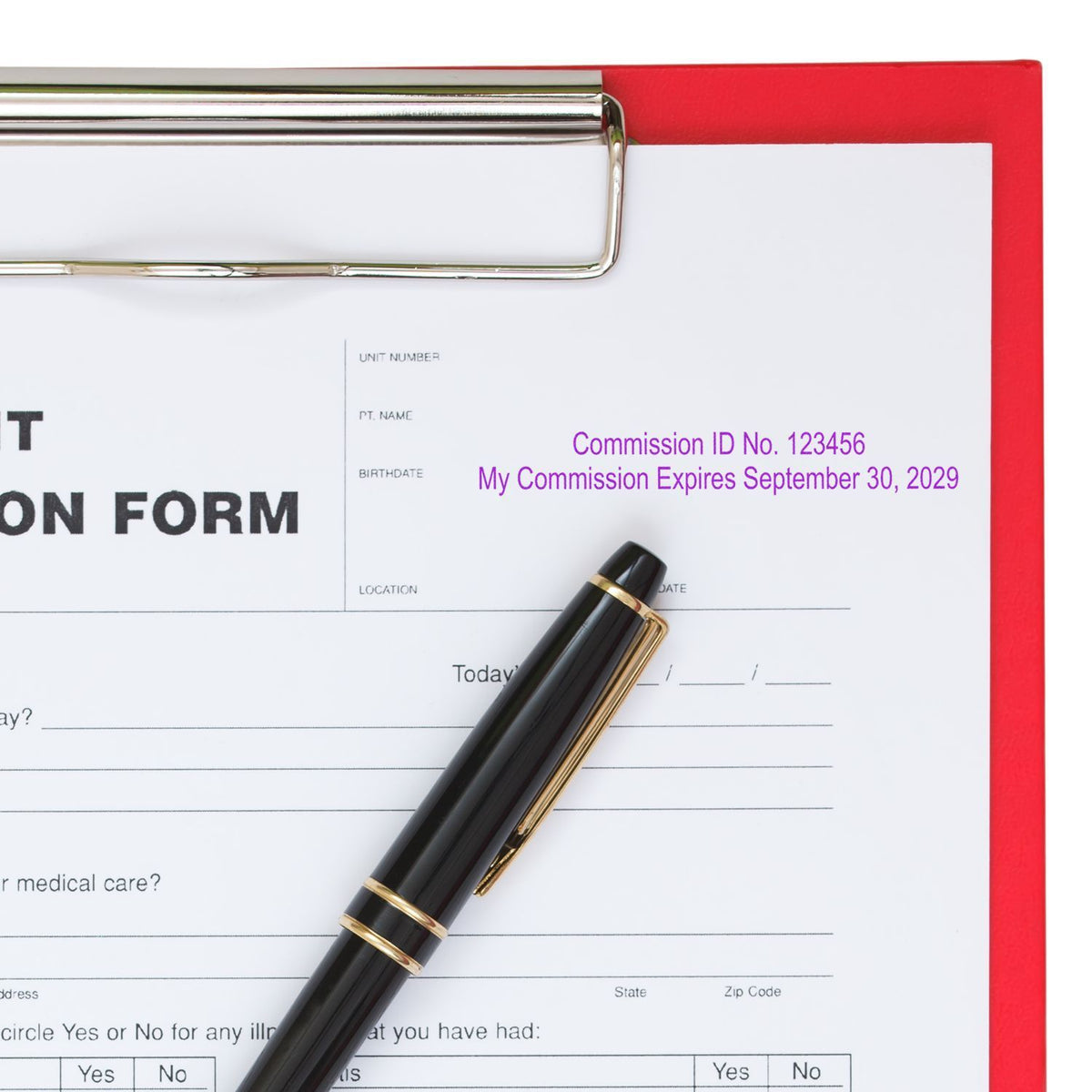 Medical commission form on clipboard with pen, showing commission ID and expiration date on a medical paperwork document.