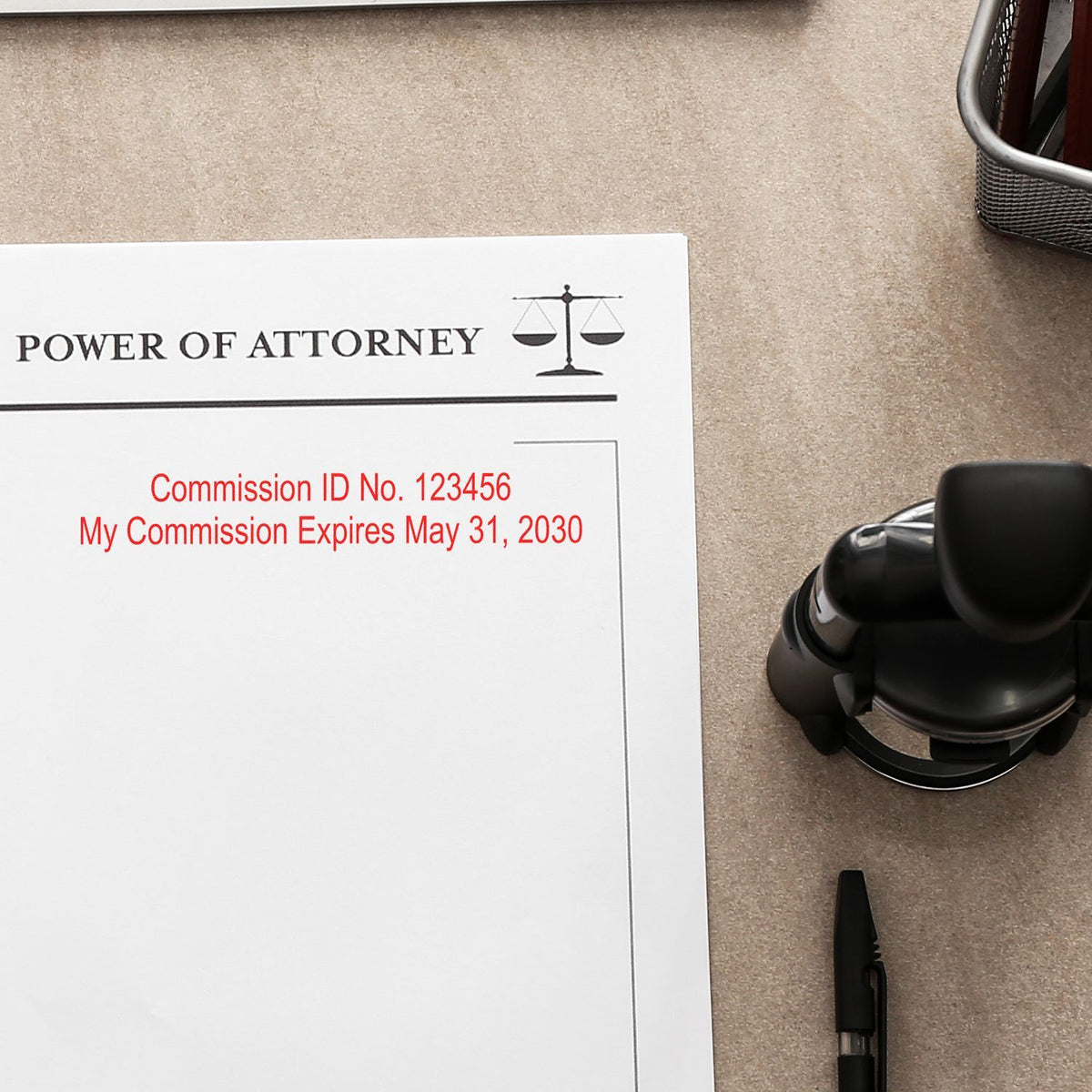 Power of attorney document with notary stamp and pen on office desk, legal paperwork for authorization and estate planning.