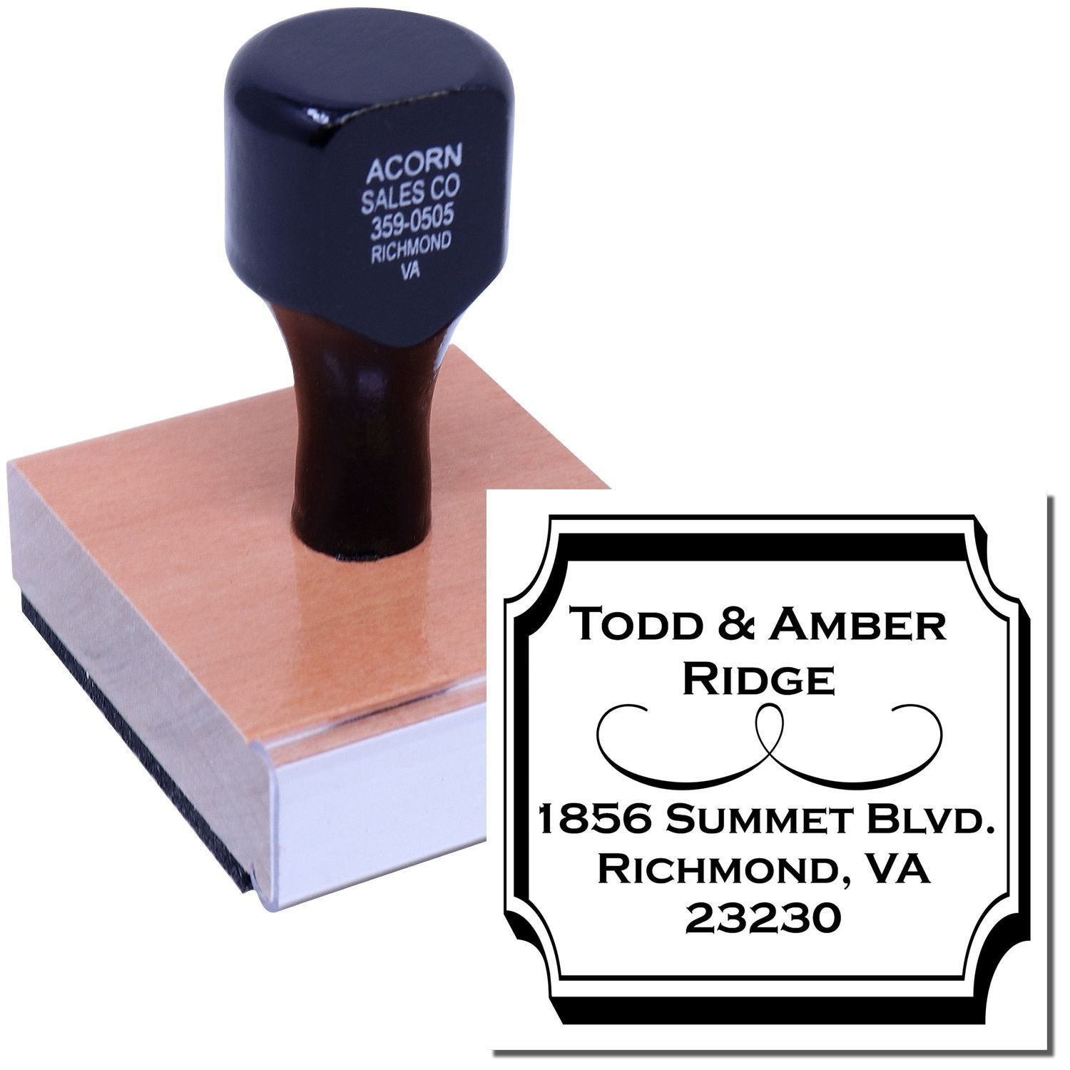 Personalized return address rubber stamp with wooden handle and custom address block for business mail or wedding invitations.