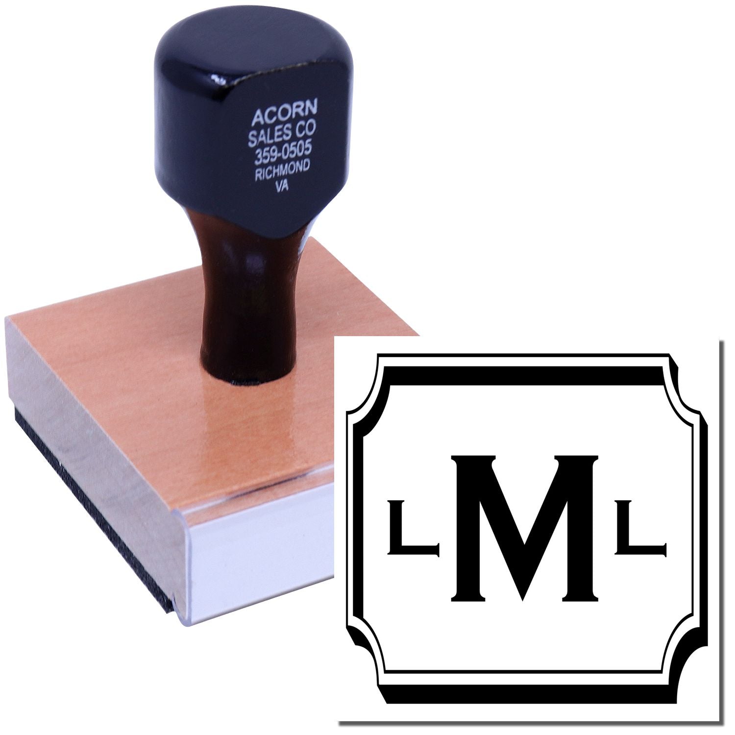 Personalized monogram rubber stamp with decorative M initial for custom stationery, wedding invites, or business branding.