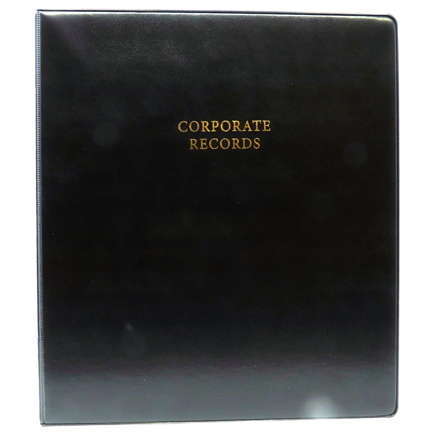 Black corporate records binder with gold lettering on the cover, professional business document organizer folder.