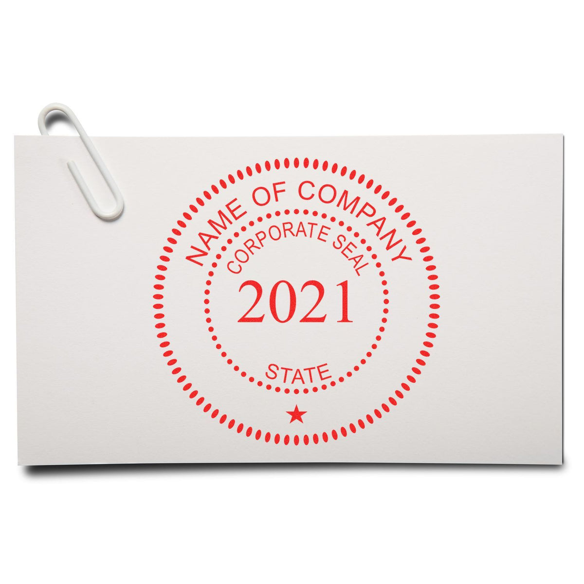 Red corporate seal stamp on white paper with paperclip, 2021 company name logo design.