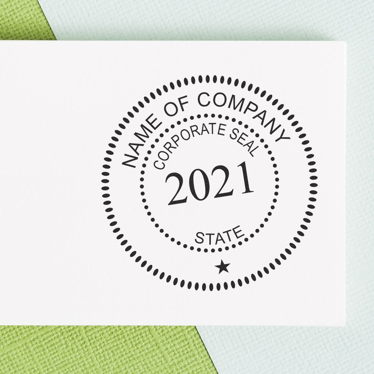 Corporate seal stamp with 2021 date on white paper, official company document seal design.