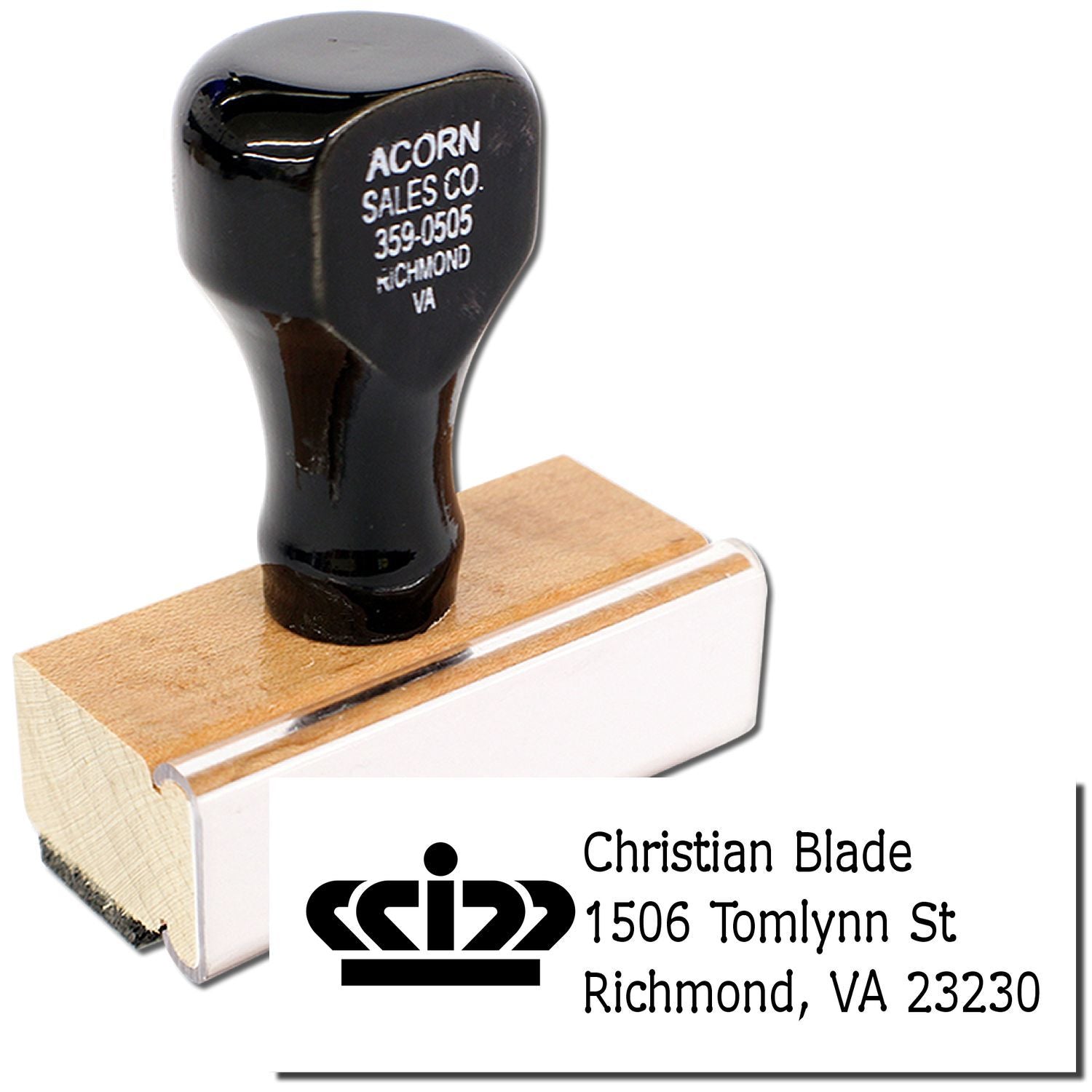 Custom address rubber stamp with crown logo and Christian Blade, Richmond, VA return address imprint.