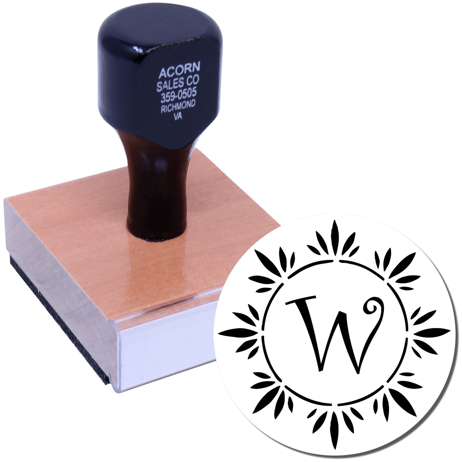 Custom wood-mounted rubber stamp with floral W monogram for business branding, wedding stationery, and personalized use.