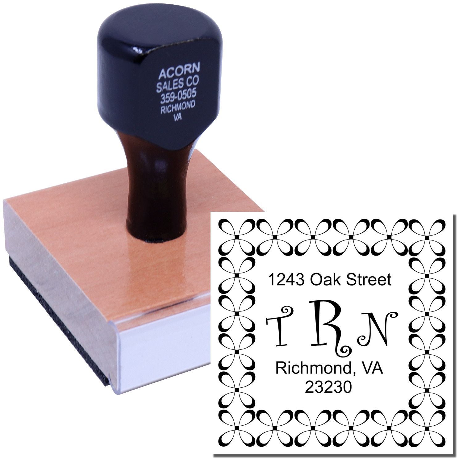 Custom address rubber stamp with decorative monogram and sample imprint for Richmond, VA personalized mailing