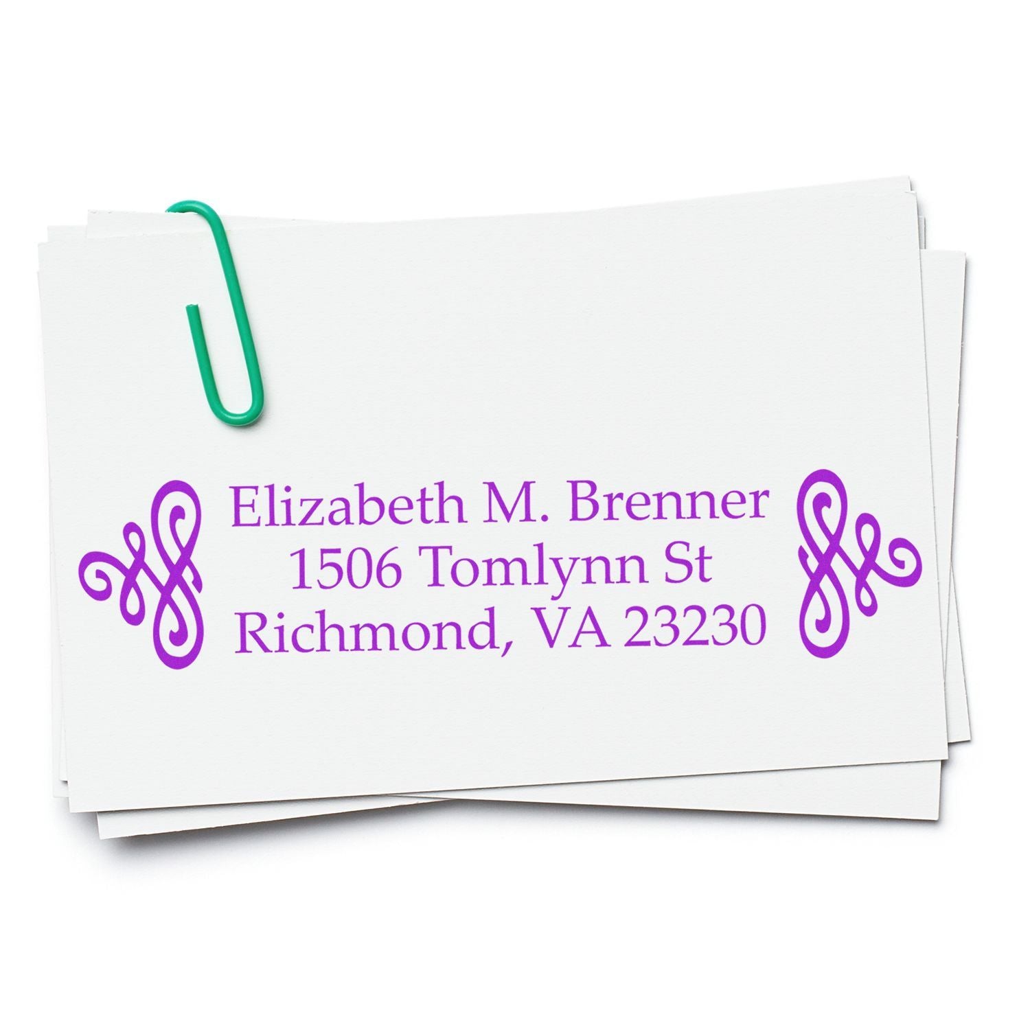 Custom return address rubber stamp for Elizabeth M. Brenner, Richmond VA, on stacked stationery