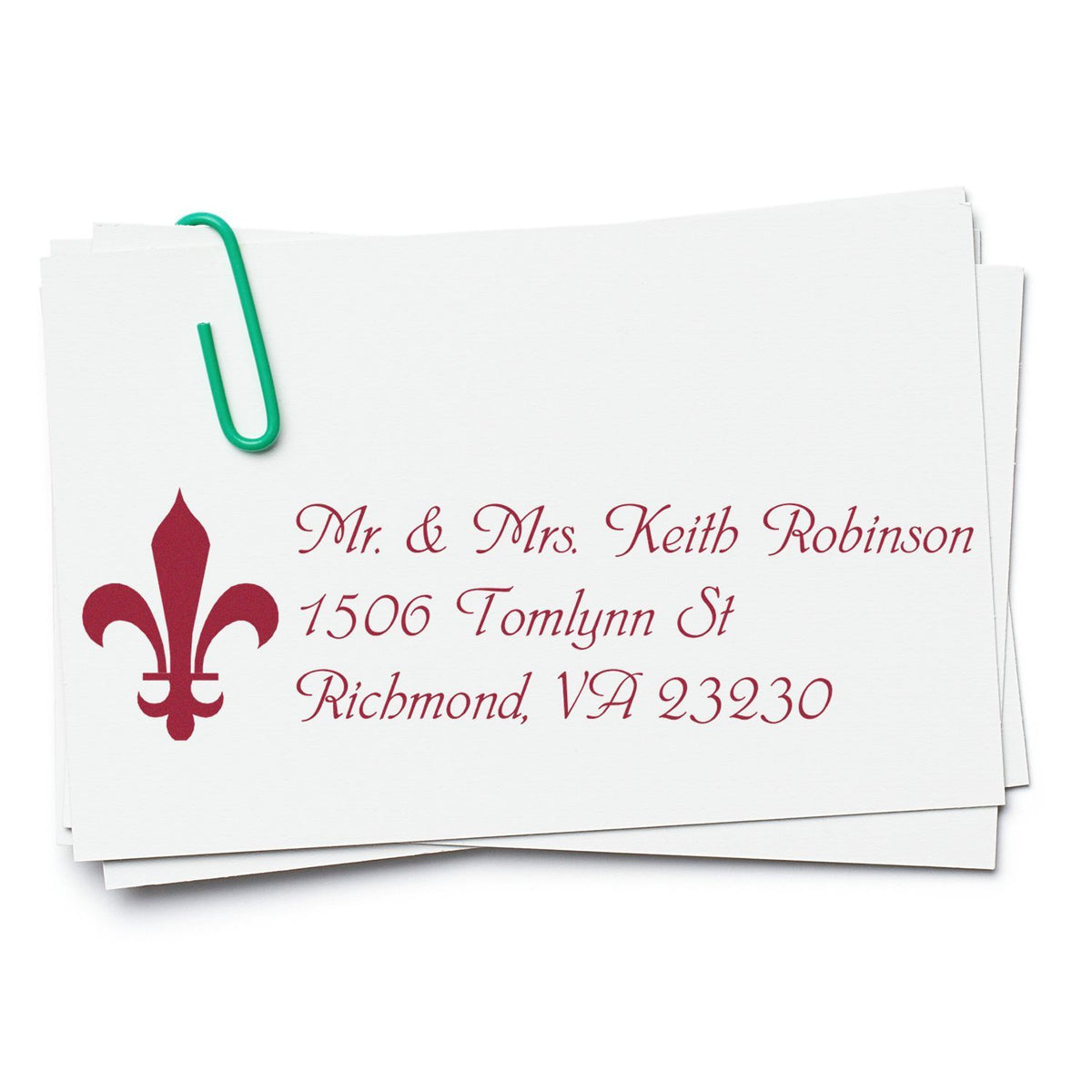 Custom return address rubber stamp with fleur-de-lis design for Mr. & Mrs. Keith Robinson, Richmond, VA.