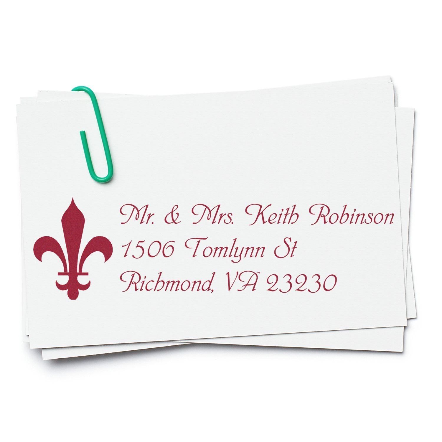 Personalized return address rubber stamp with fleur-de-lis design for Mr. & Mrs. Keith Robinson, Richmond, VA.