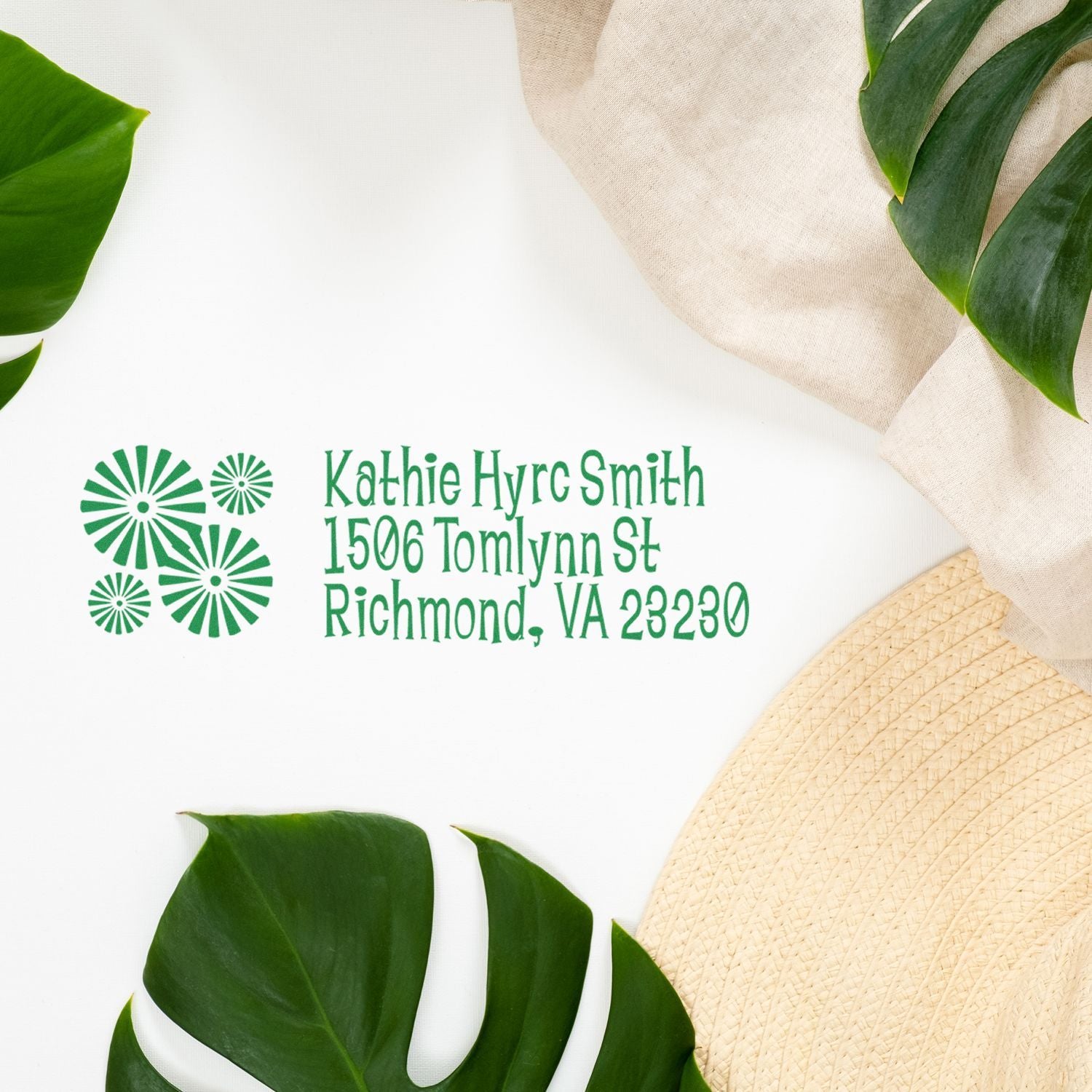 Personalized return address rubber stamp with floral design for Kathie Hyrc Smith, Richmond, VA 23230.