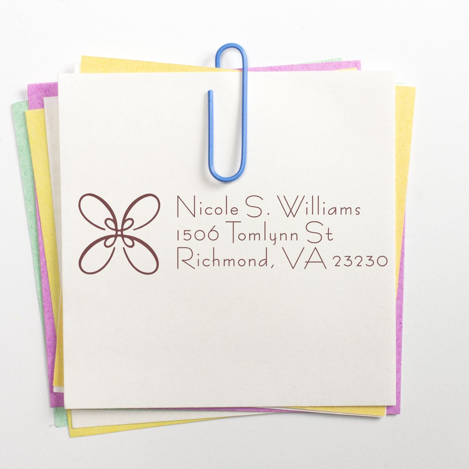 Custom return address rubber stamp with butterfly logo for Nicole S. Williams, Richmond, VA.