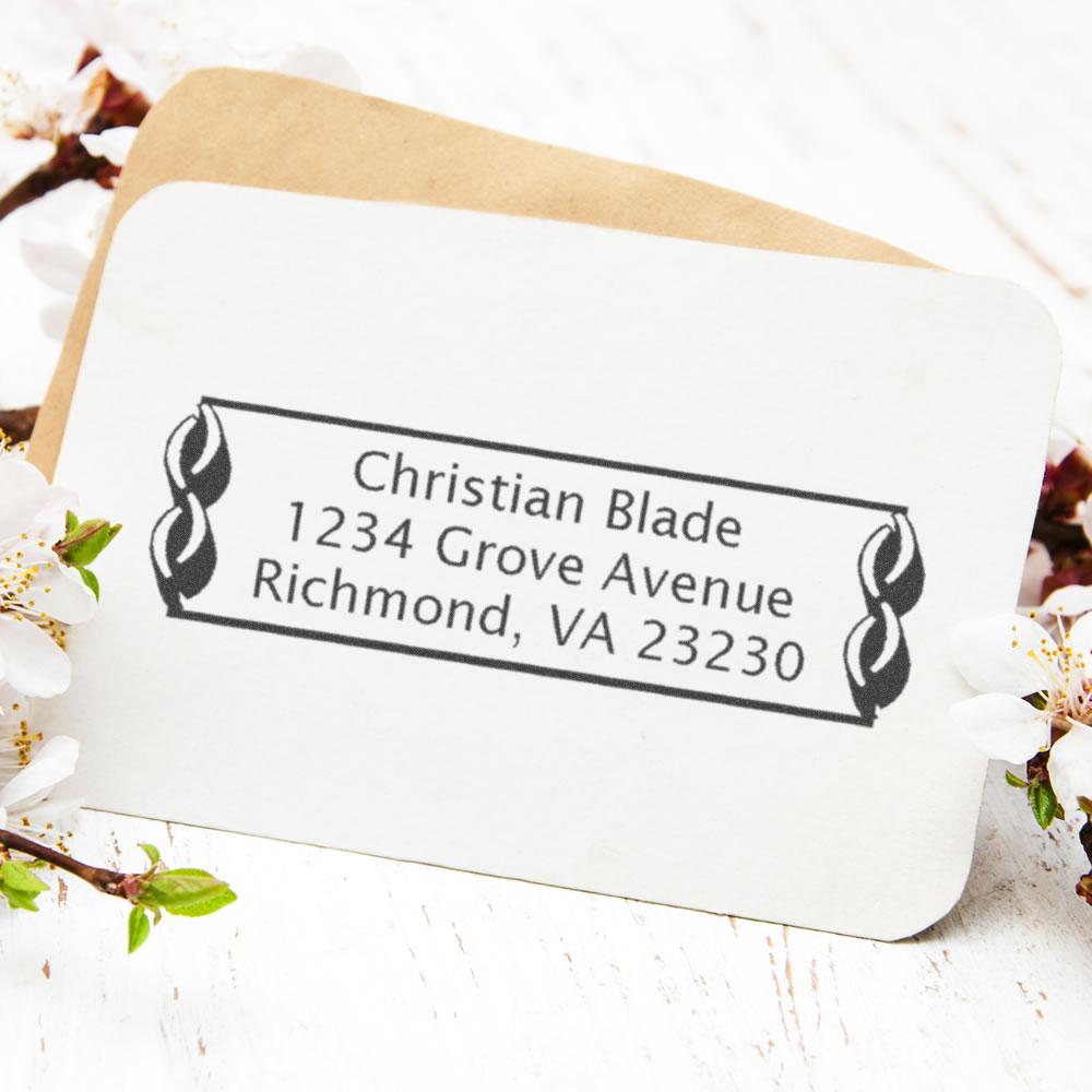 Personalized return address rubber stamp for envelopes featuring Christian Blade, Richmond, VA 23230