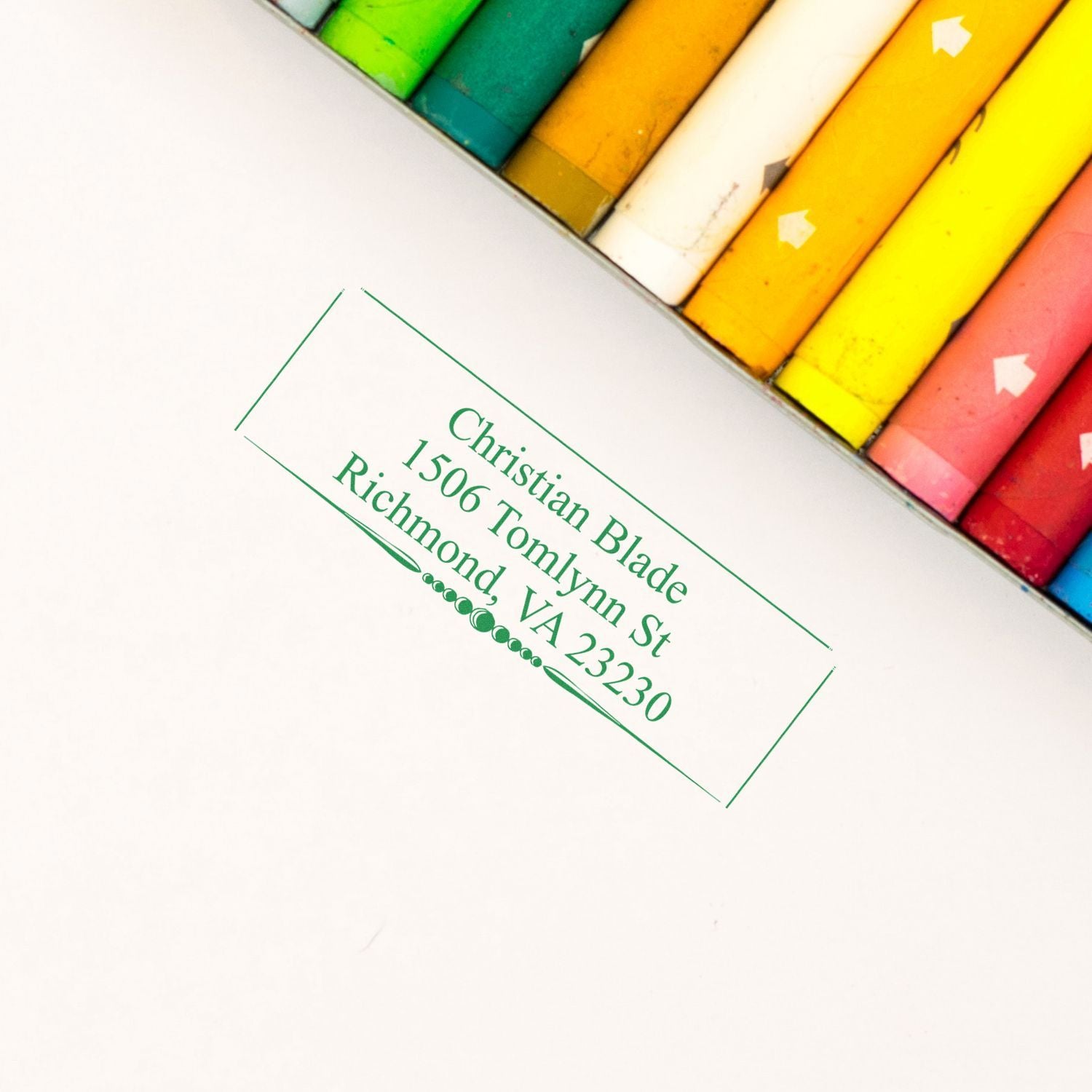 Custom return address rubber stamp impression in green ink for Christian Blade, Richmond, VA