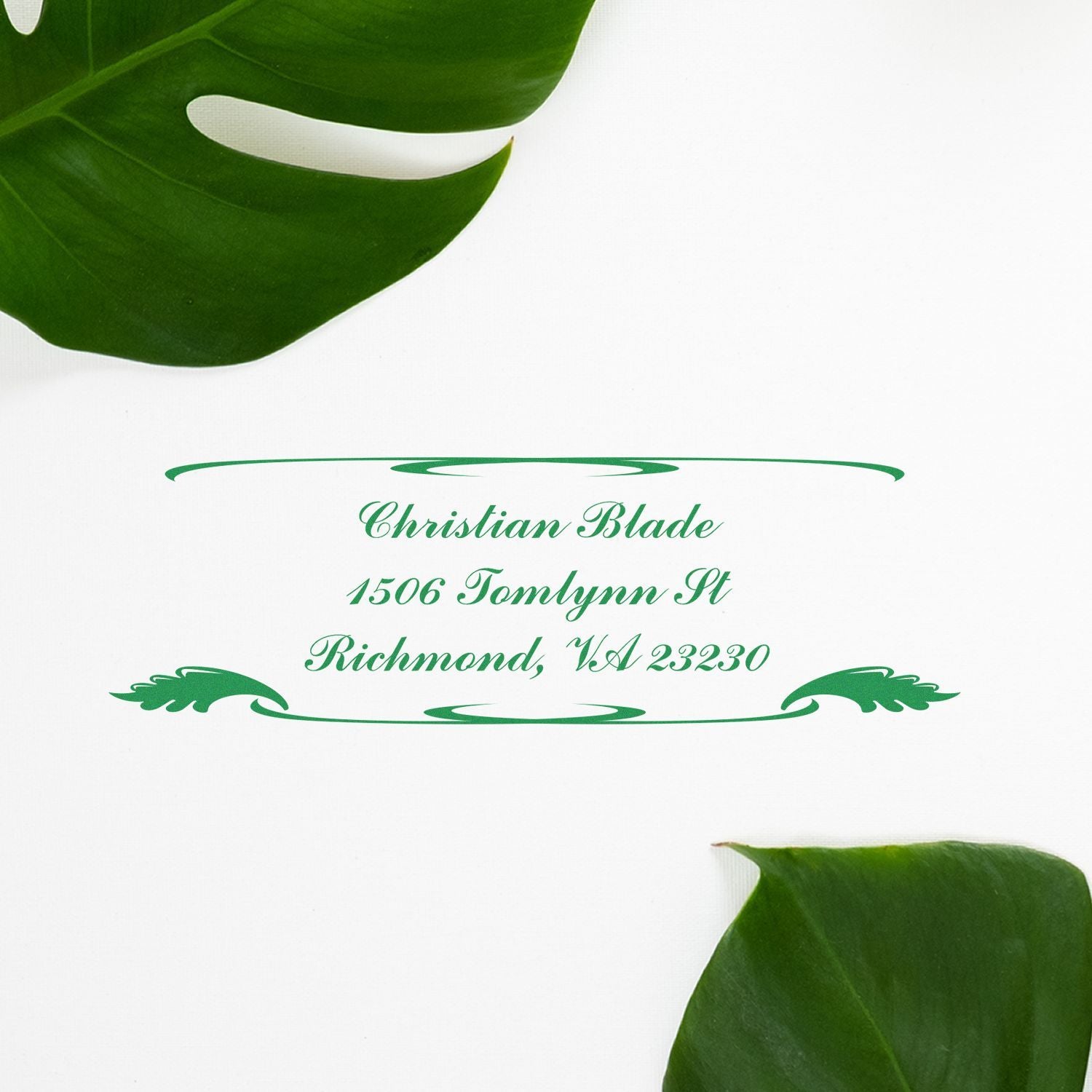Custom return address rubber stamp with tropical leaf design for Christian Blade, Richmond, VA 23230.