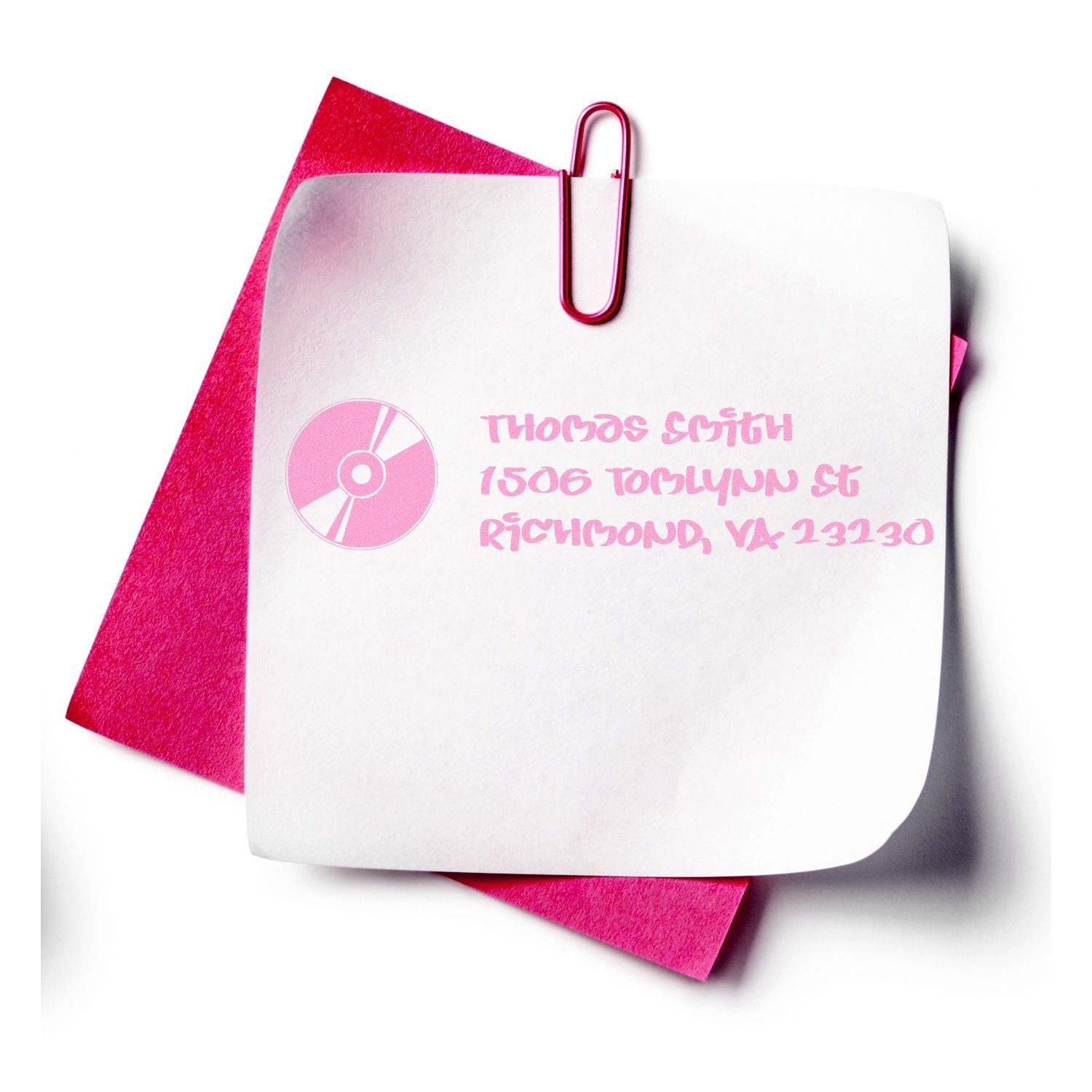 Custom return address rubber stamp on stationery with pink paper, perfect for envelopes, invitations, and small business mail.