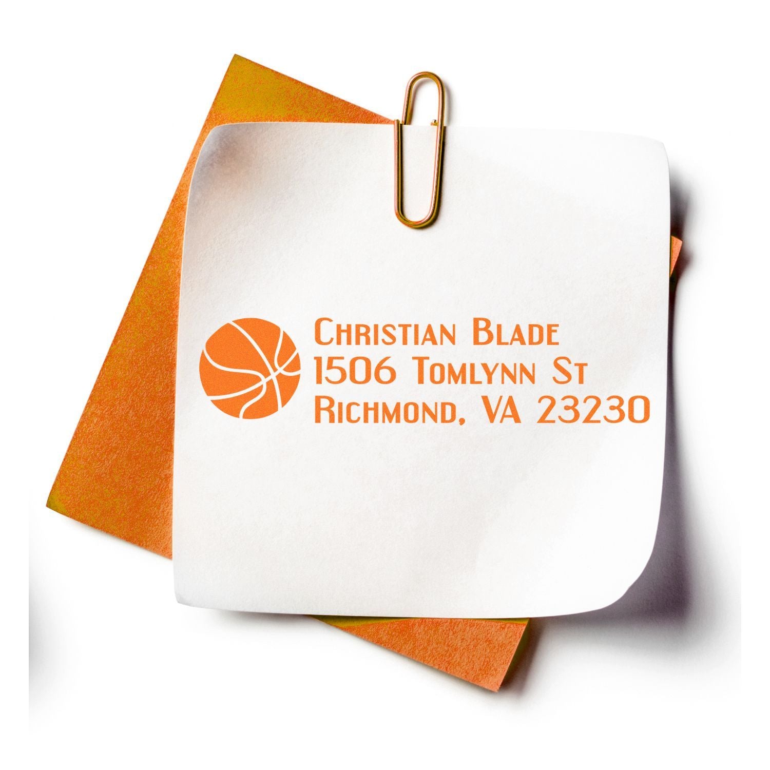 Custom address rubber stamp with basketball logo, featuring Christian Blade return address in Richmond, VA on a note card.