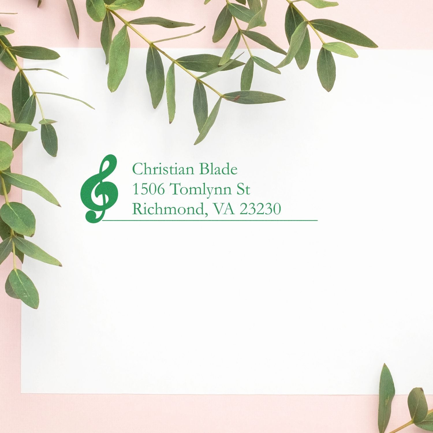 Custom music return address rubber stamp with treble clef, personalized for Christian Blade in Richmond, VA.