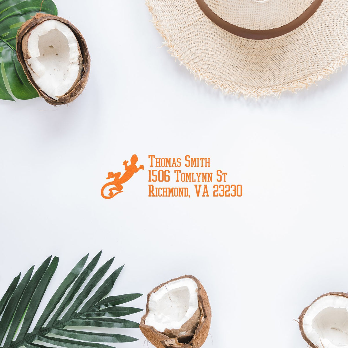 Personalized return address rubber stamp with gecko logo, perfect for tropical wedding invitations and stationery.