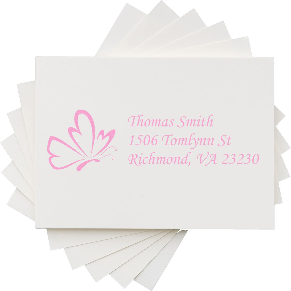 Custom butterfly return address rubber stamp on envelopes for Thomas Smith, Richmond, VA 23230