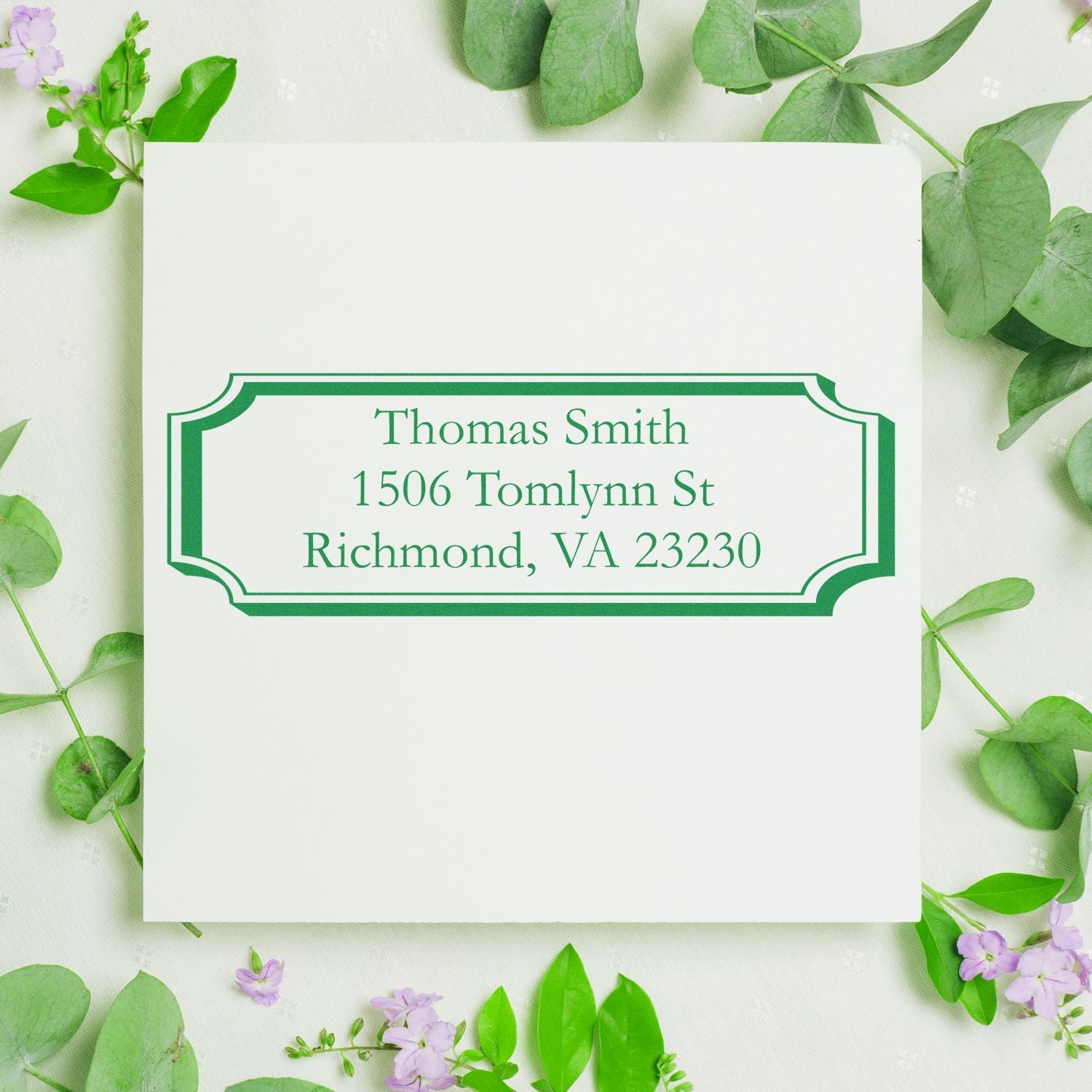 Personalized return address rubber stamp with green border, Thomas Smith, 1506 Tomlynn St, Richmond, VA 23230.