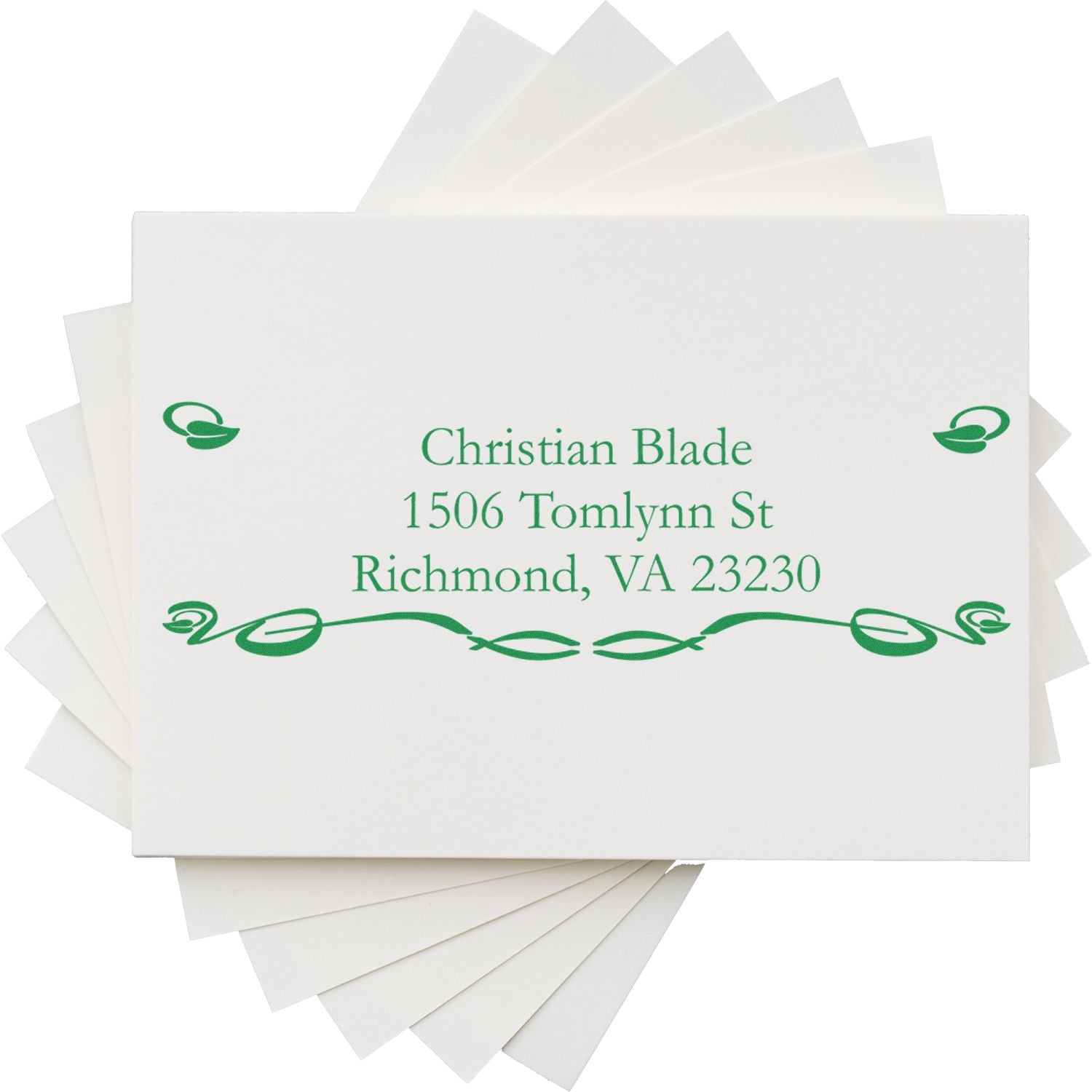 Personalized address rubber stamp sample with decorative green monogram for custom stationery and return mailing labels.