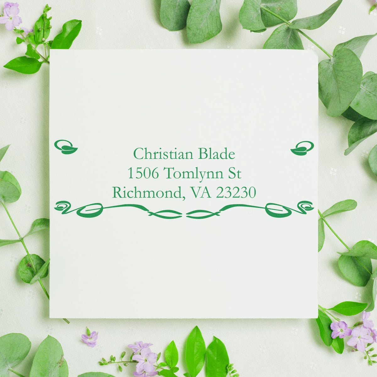 Custom return address rubber stamp with green botanical design, perfect for wedding invitations and mailing envelopes.