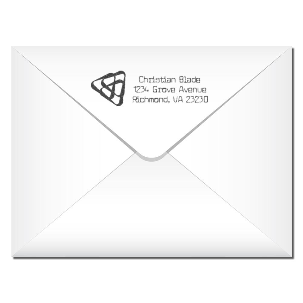 Custom return address rubber stamp on envelope with Celtic knot logo, ideal for personalized mailing and wedding invitations.