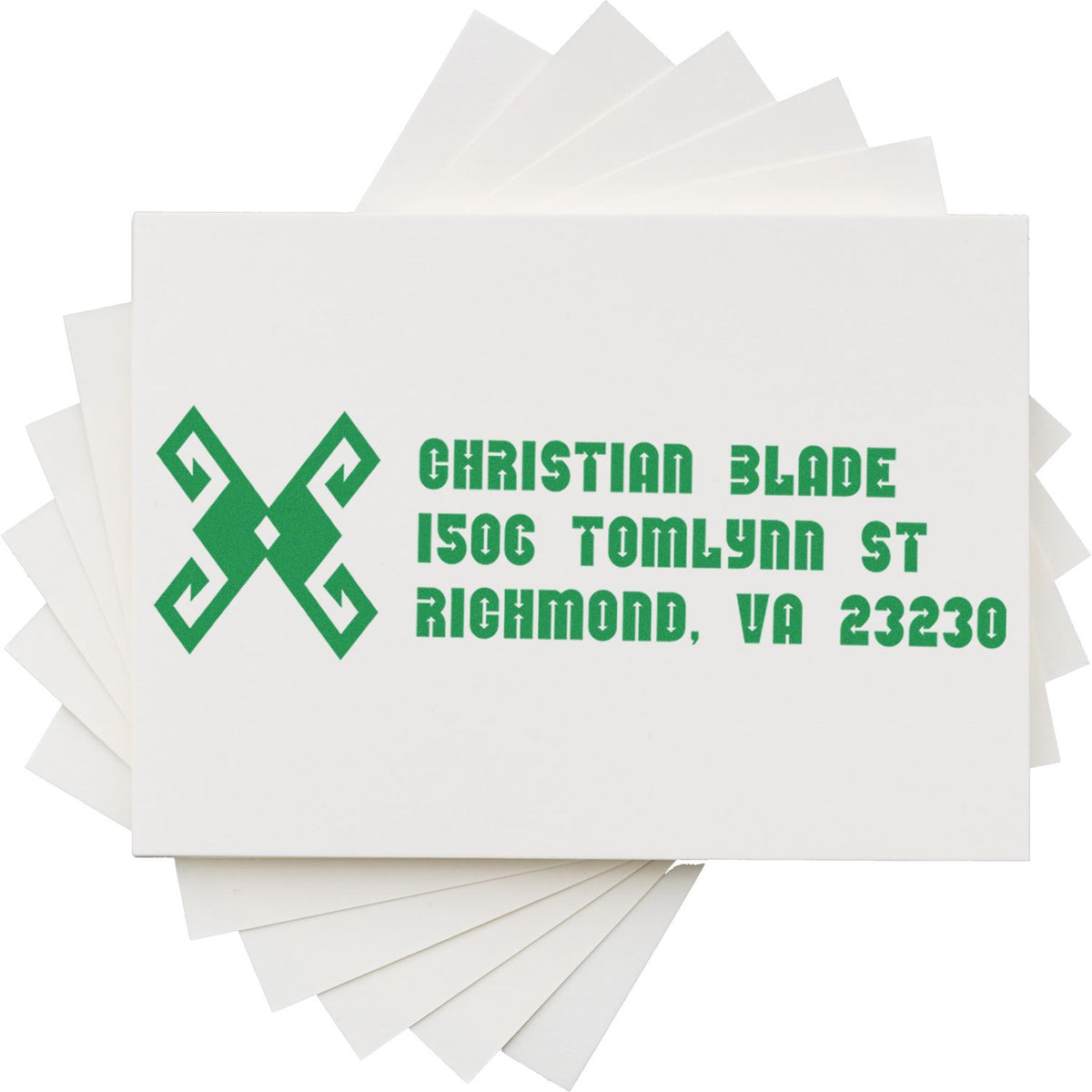 Custom return address rubber stamp with green logo for Christian Blade, Richmond, VA 23230